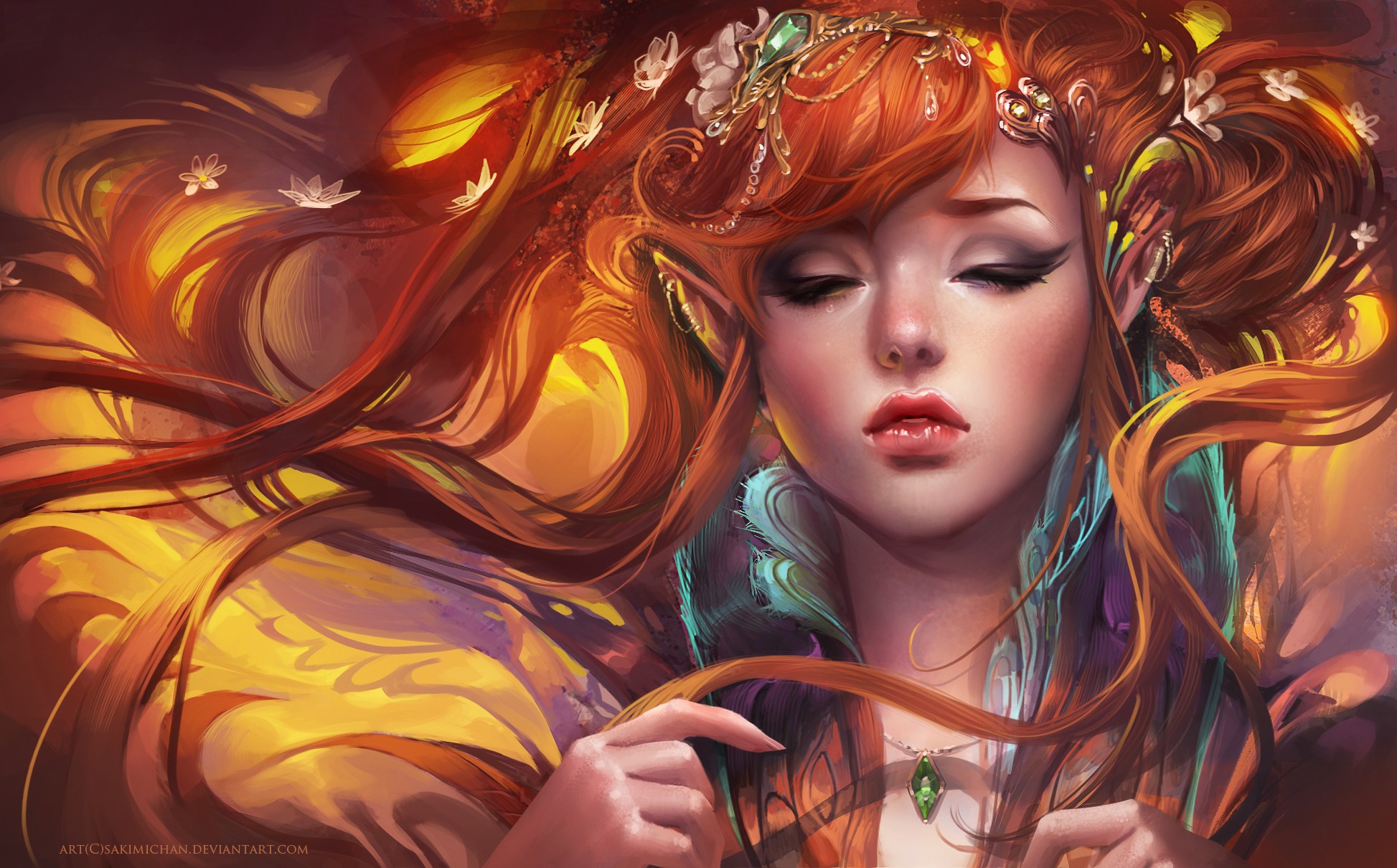 Anime girl with flowing red hair and elven ears HD Wallpaper