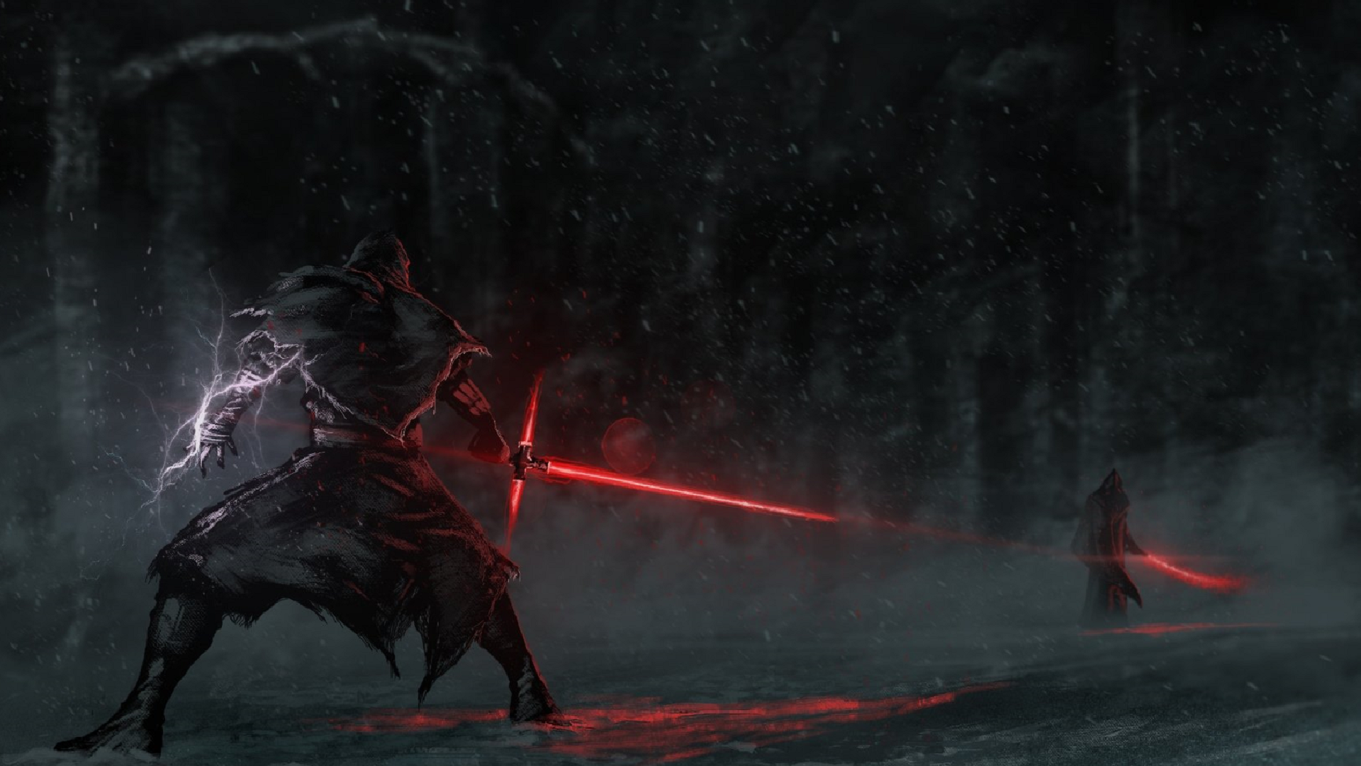 Kylo Ren and another figure with lightsabers in a snowy forest HD Wallpaper