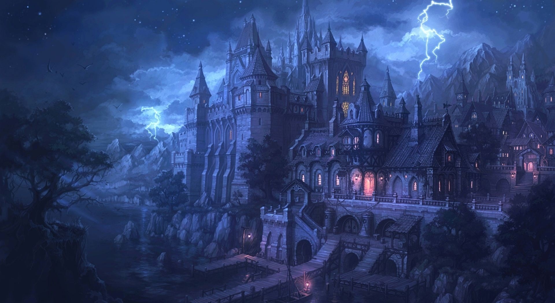 A dark fantasy castle during a lightning storm HD Wallpaper