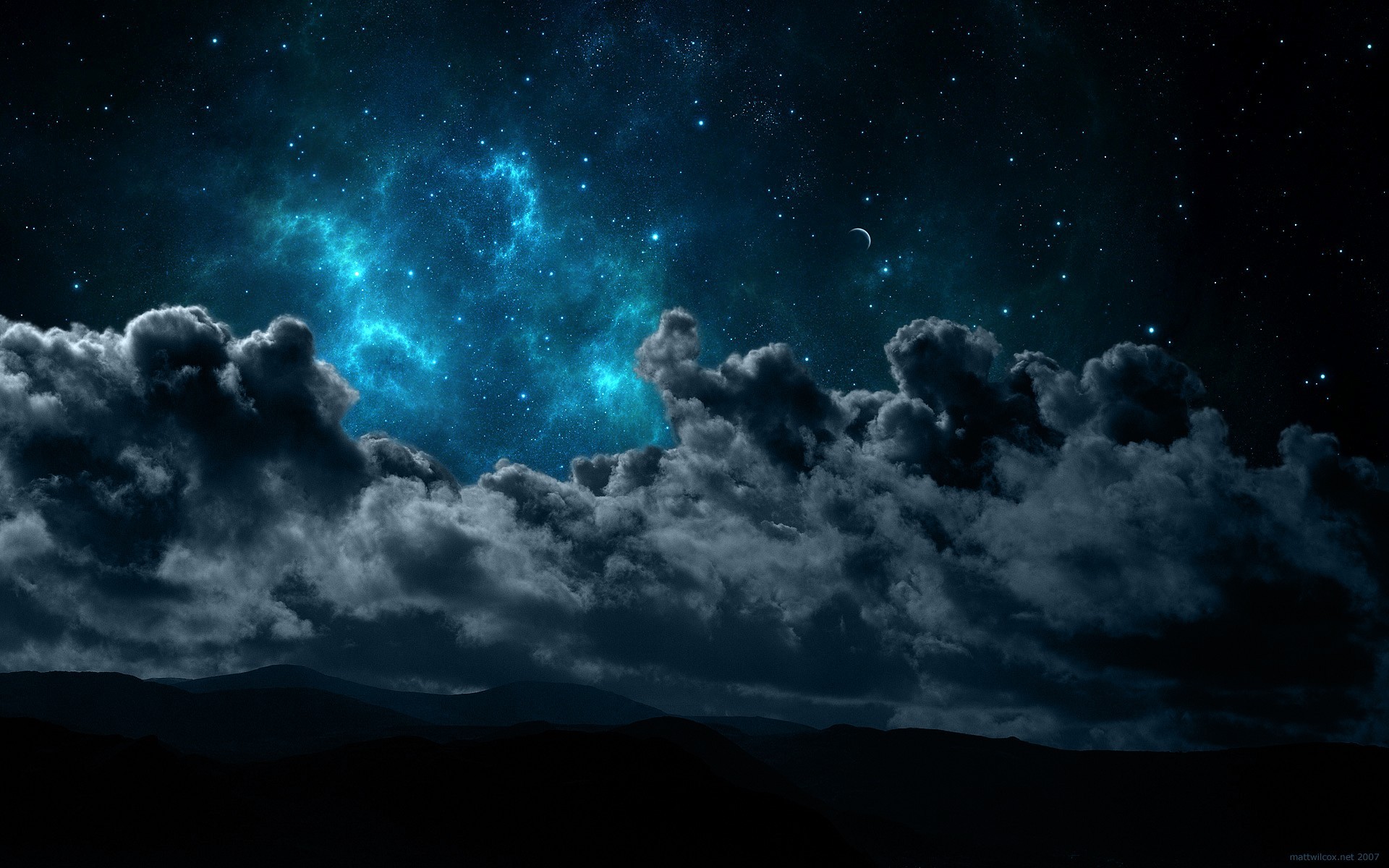 Night sky with stars, clouds, and mountains HD Wallpaper