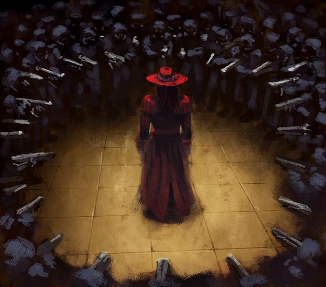 Alucard surrounded by armed figures HD Wallpaper