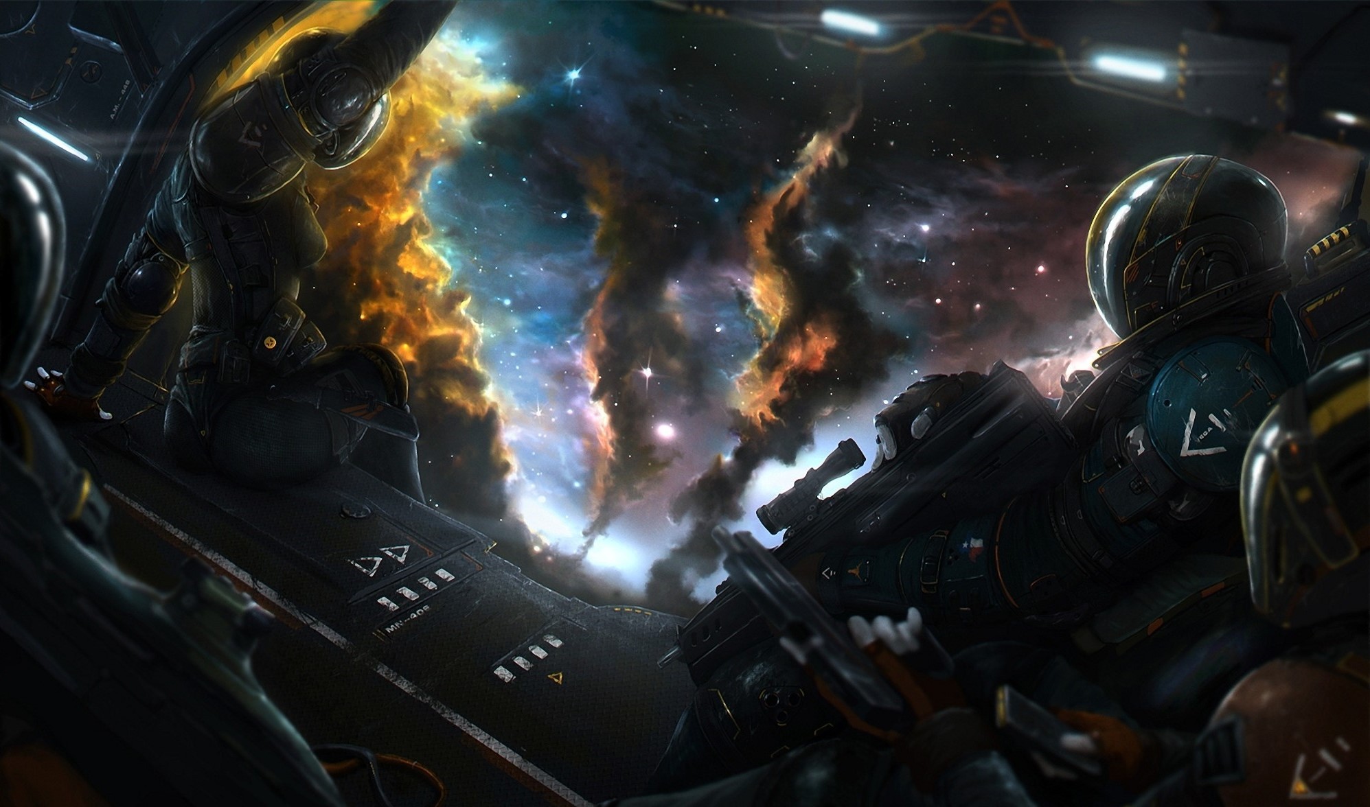 Astronauts in a spaceship looking at a nebula HD Wallpaper
