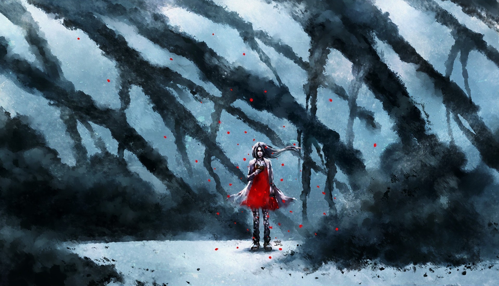 Fantasy art of a girl in a red dress in a smoky forest HD Wallpaper