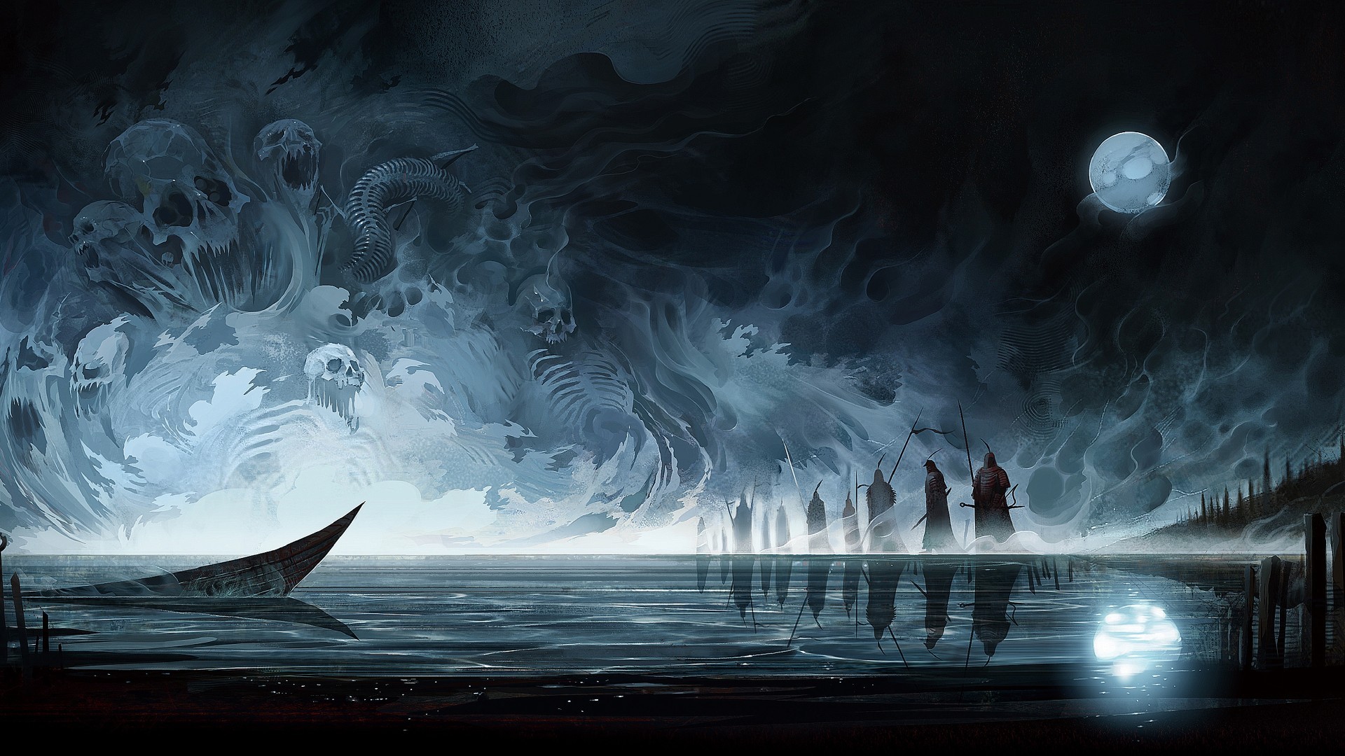 Dark fantasy scene with skulls, a boat, and figures by the water HD Wallpaper