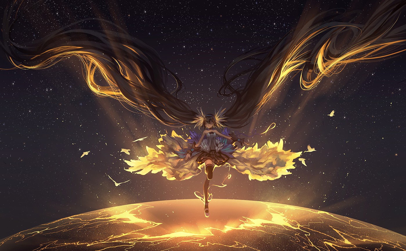 Hatsune Miku standing on a glowing planet HD Wallpaper