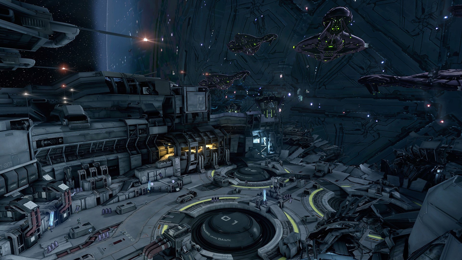 Halo UNSC space station interior with Covenant ships HD Wallpaper