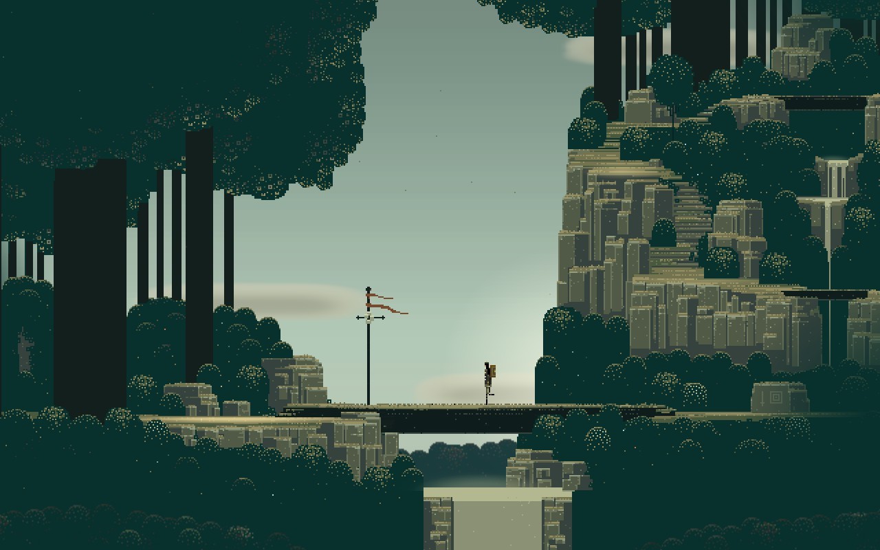 Pixel art video game scene with characters on a bridge HD Wallpaper