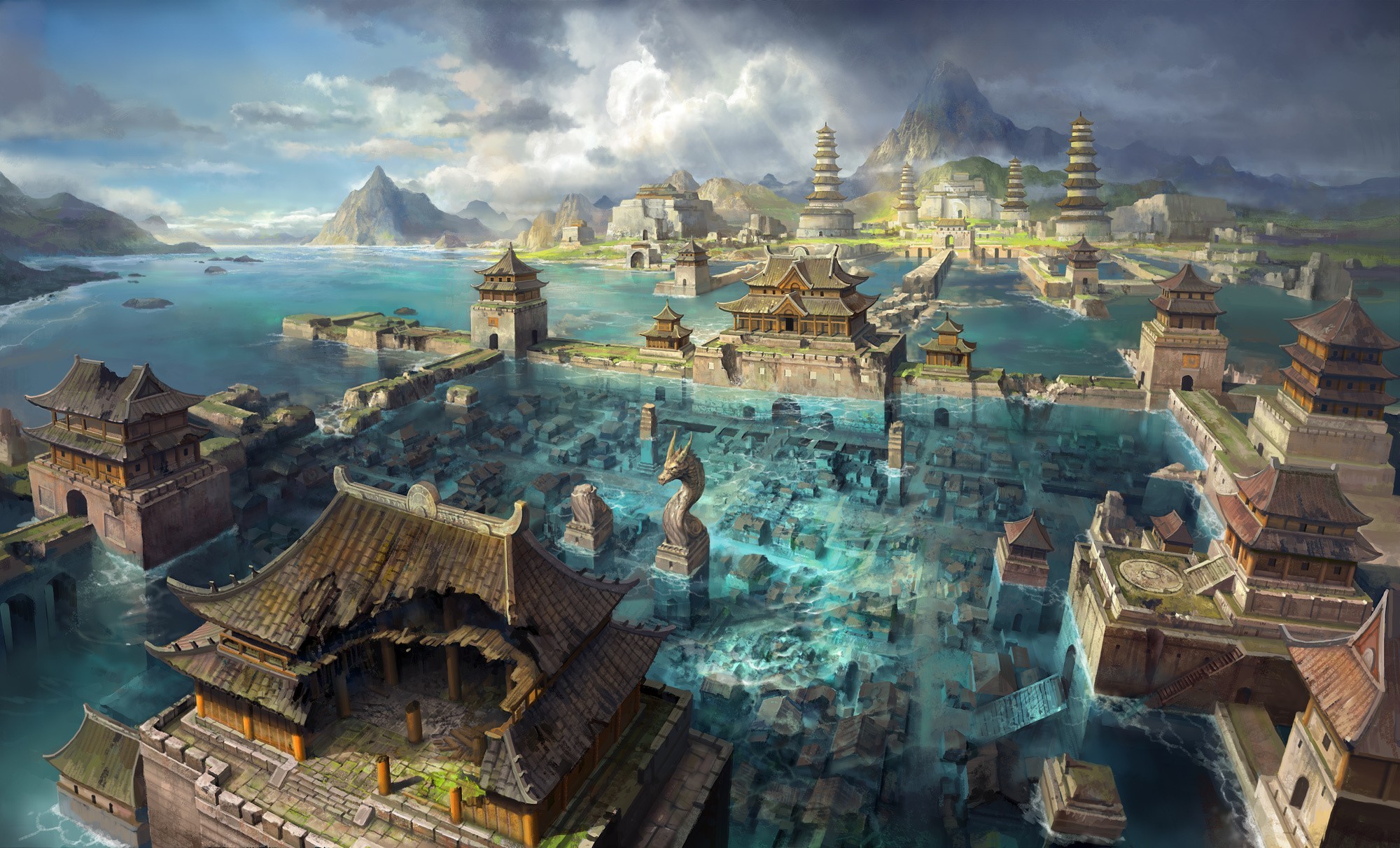 Ancient Chinese city submerged in water with pagodas and mountains HD Wallpaper