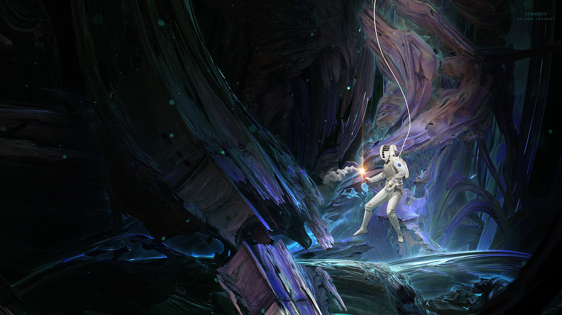 Astronaut exploring abstract alien cave HD Wallpaper