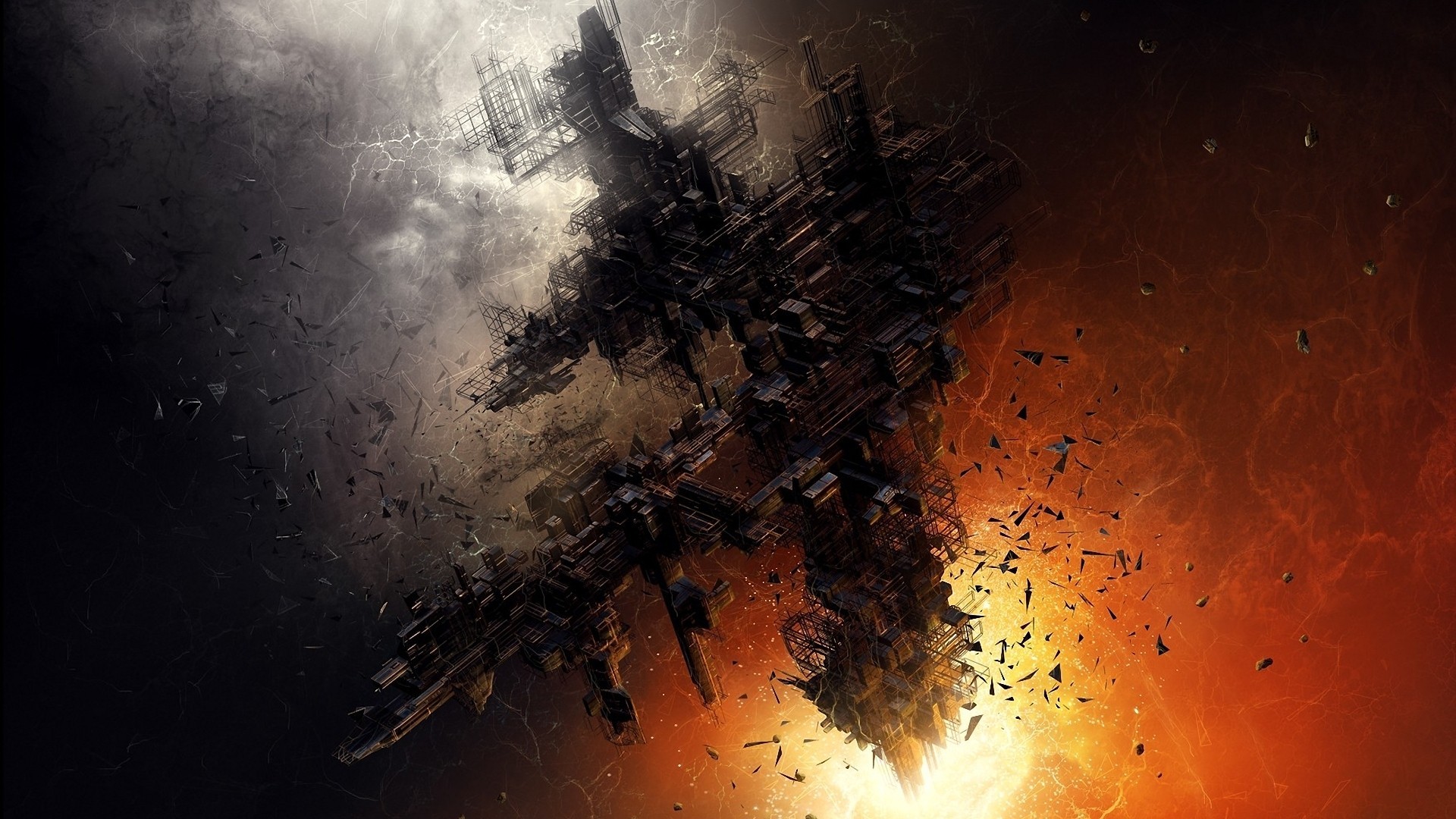Abstract dark sci-fi structure with explosions HD Wallpaper