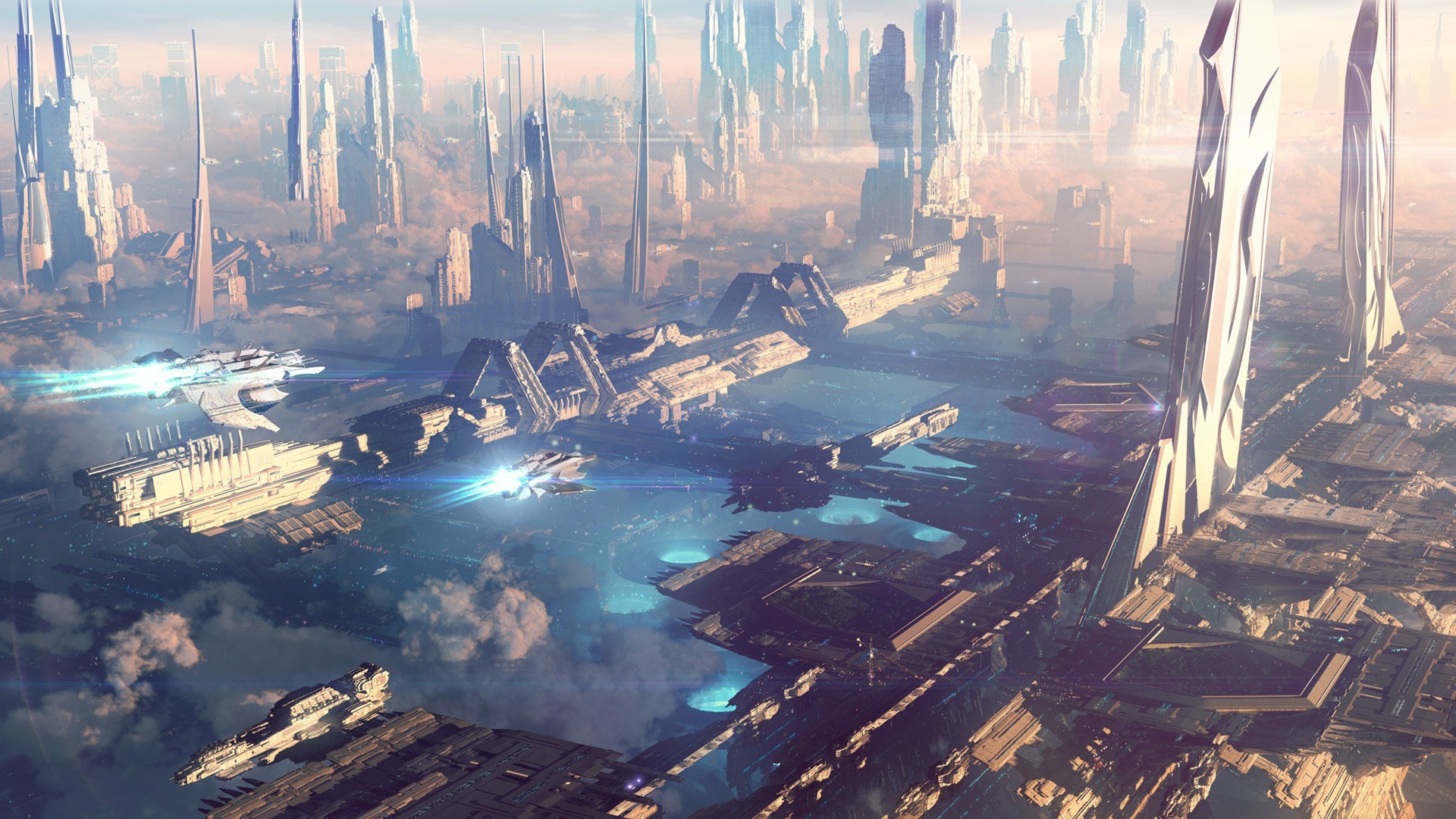 Futuristic cityscape with spaceships and clouds HD Wallpaper
