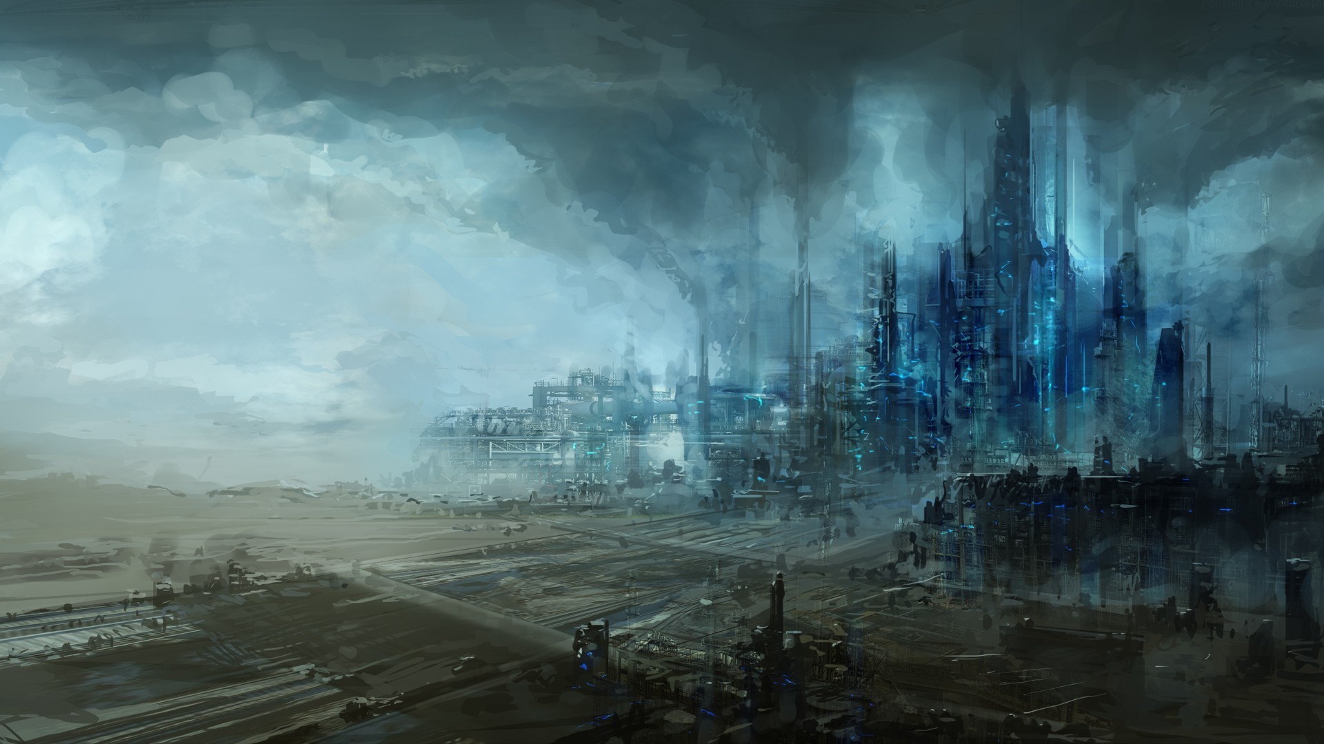 Futuristic Cityscape Under a Cloudy Sky HD Wallpaper