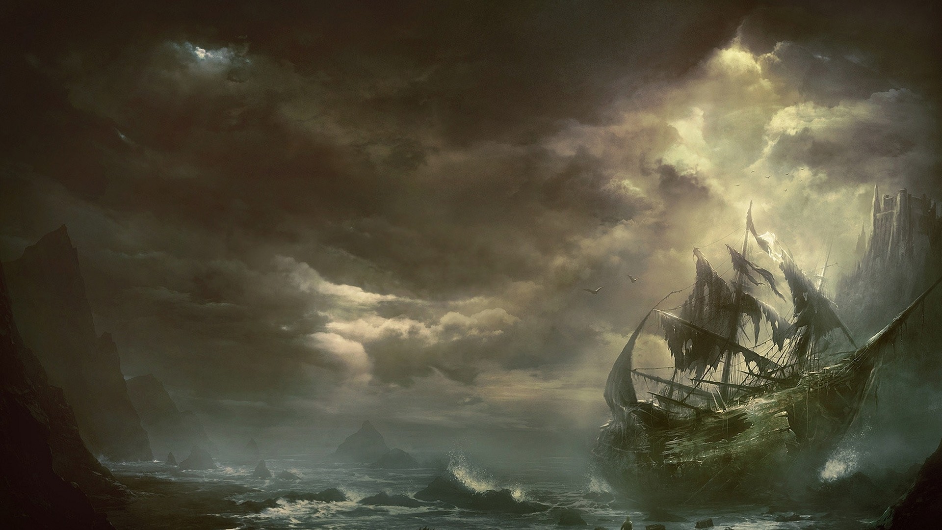 A ghost ship wrecked on a rocky shore under a stormy sky HD Wallpaper
