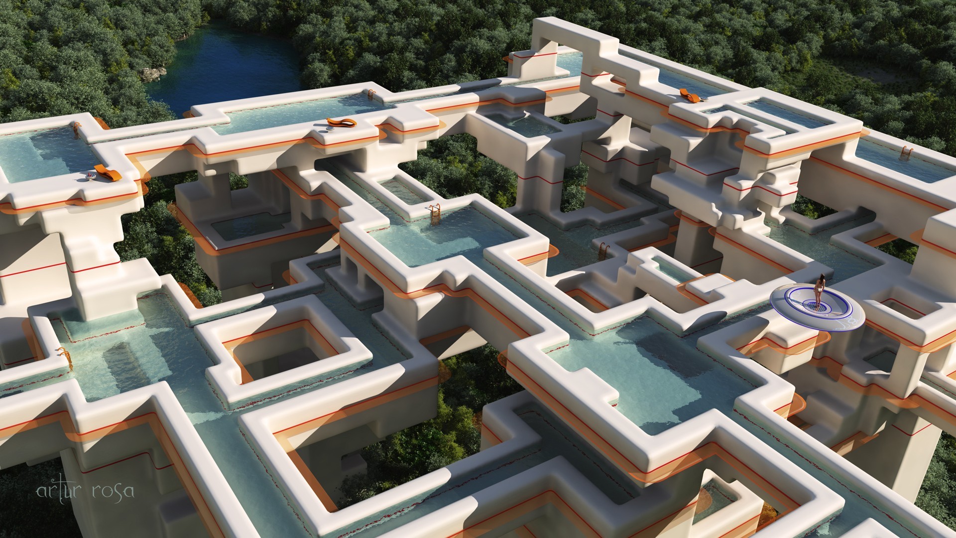 Futuristic architectural complex with pools and people HD Wallpaper