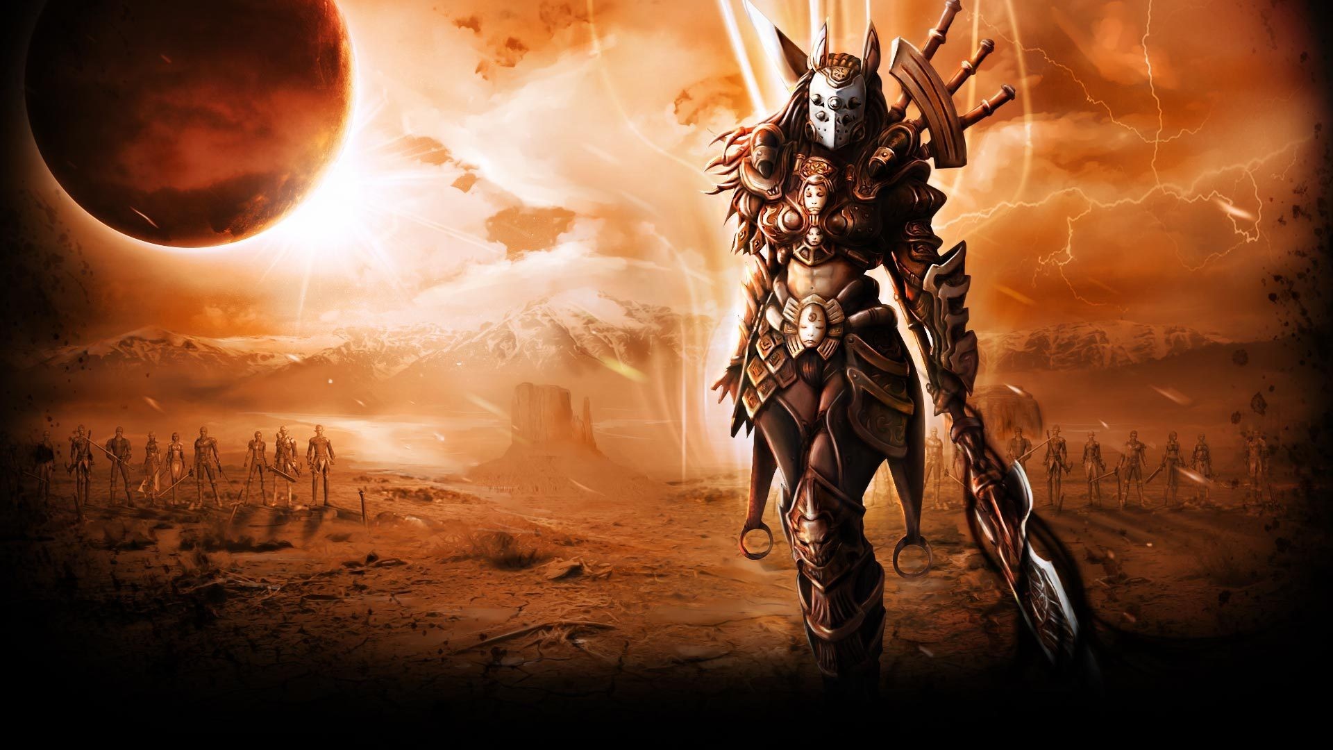 Fantasy warrior with mask and armor on alien planet HD Wallpaper