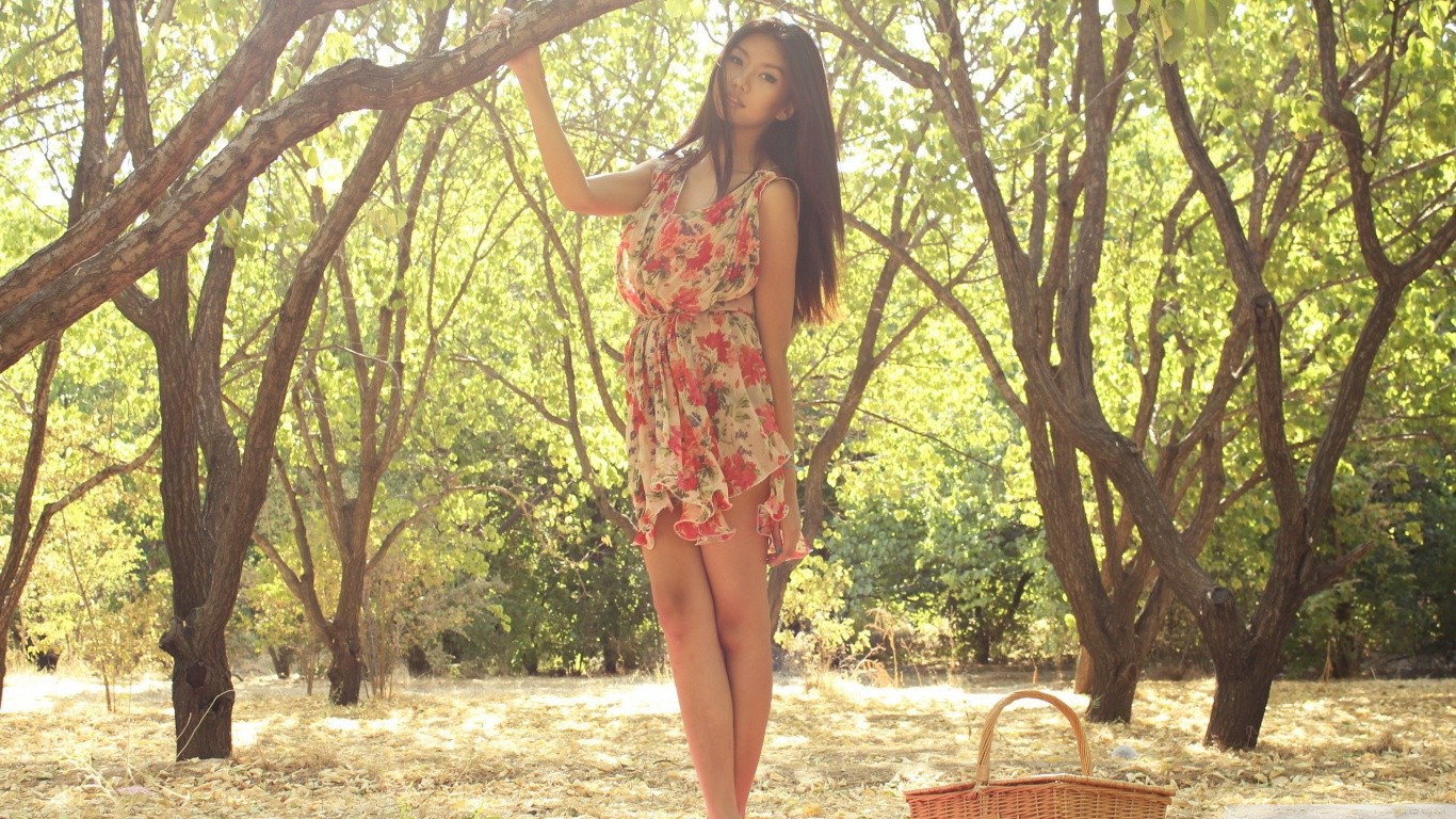 Asian woman in a floral dress in a forest HD Wallpaper