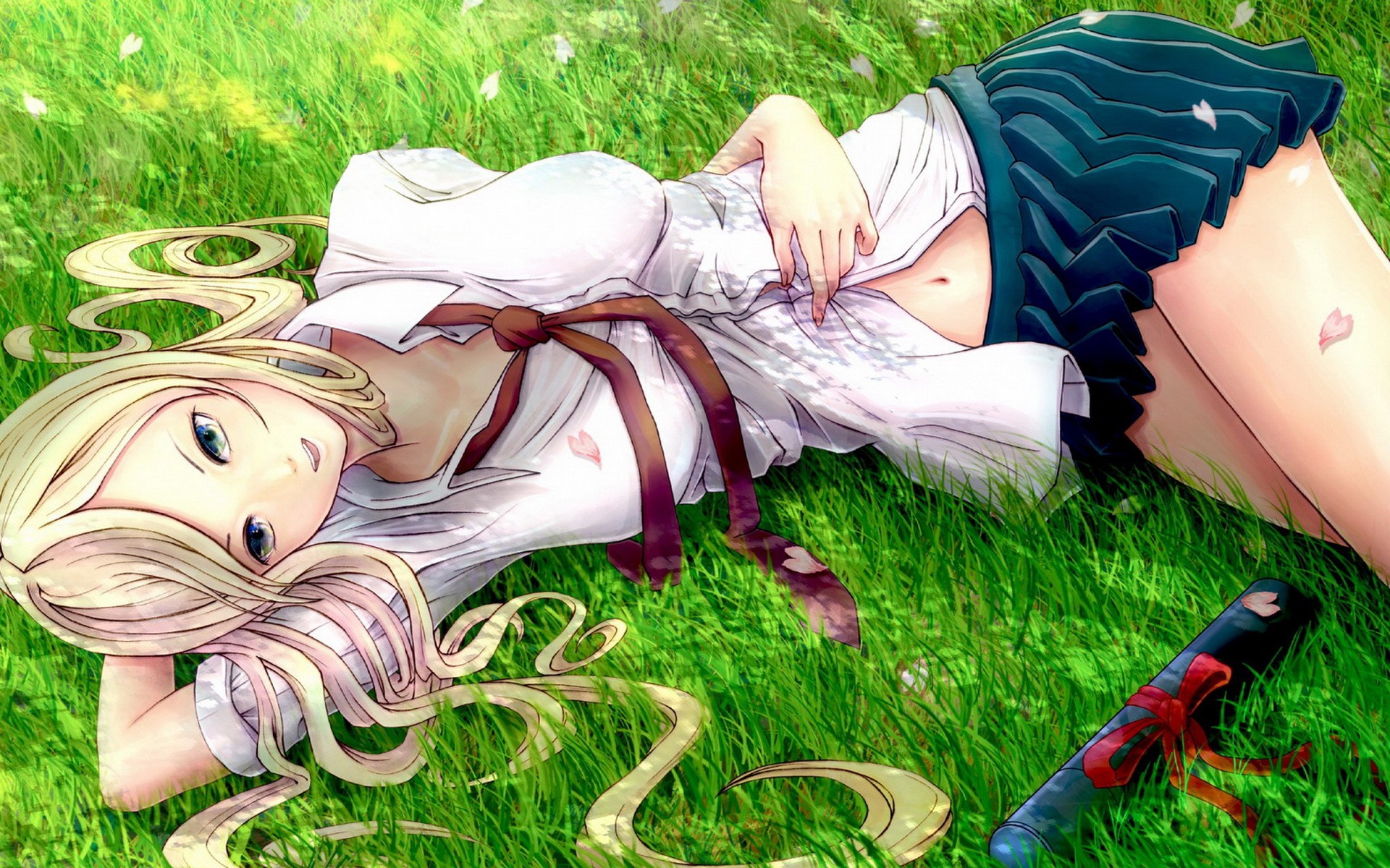 Blonde girl in school uniform lying on grass HD Wallpaper