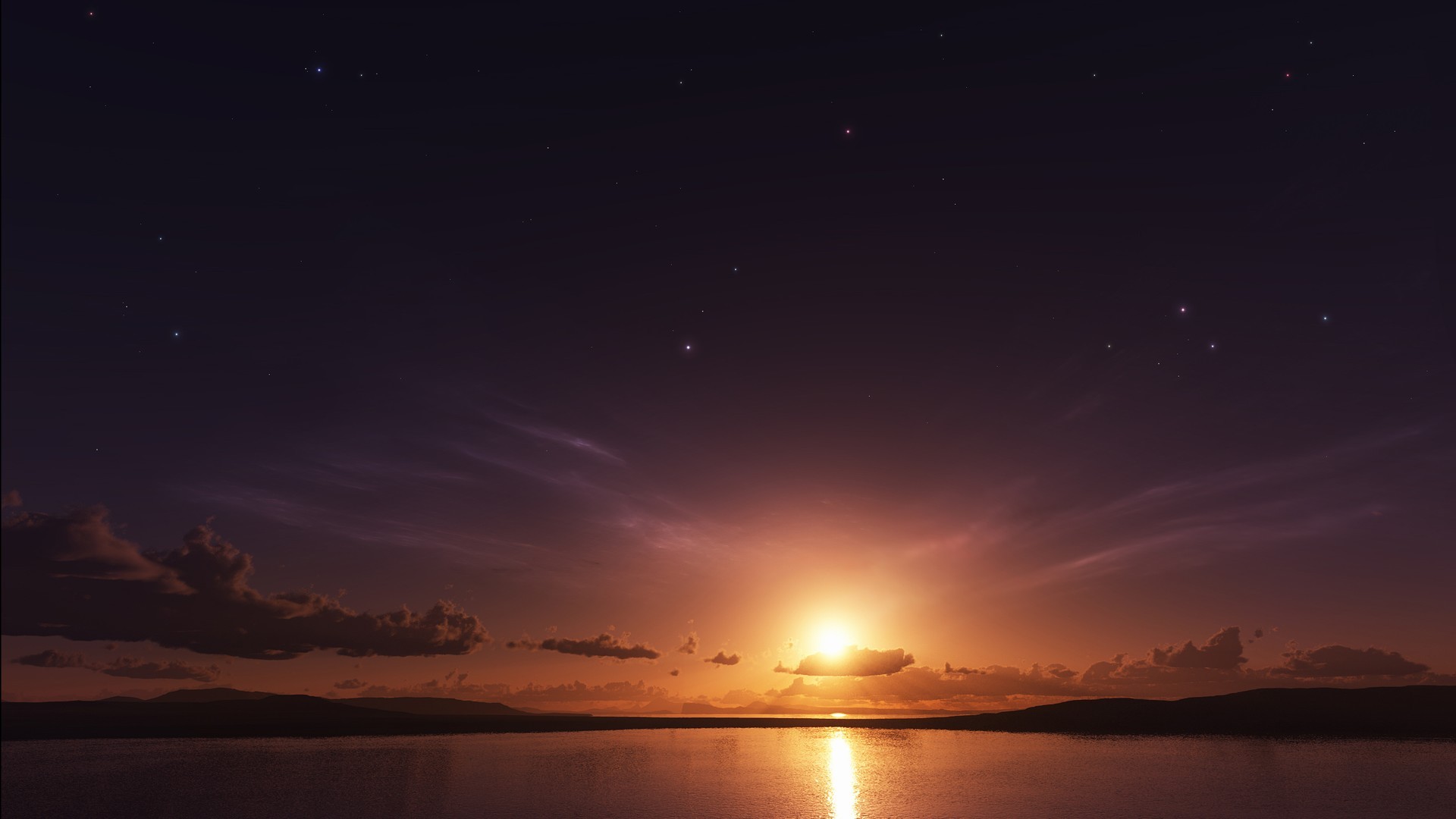 Sunset over a calm lake with stars in the sky HD Wallpaper