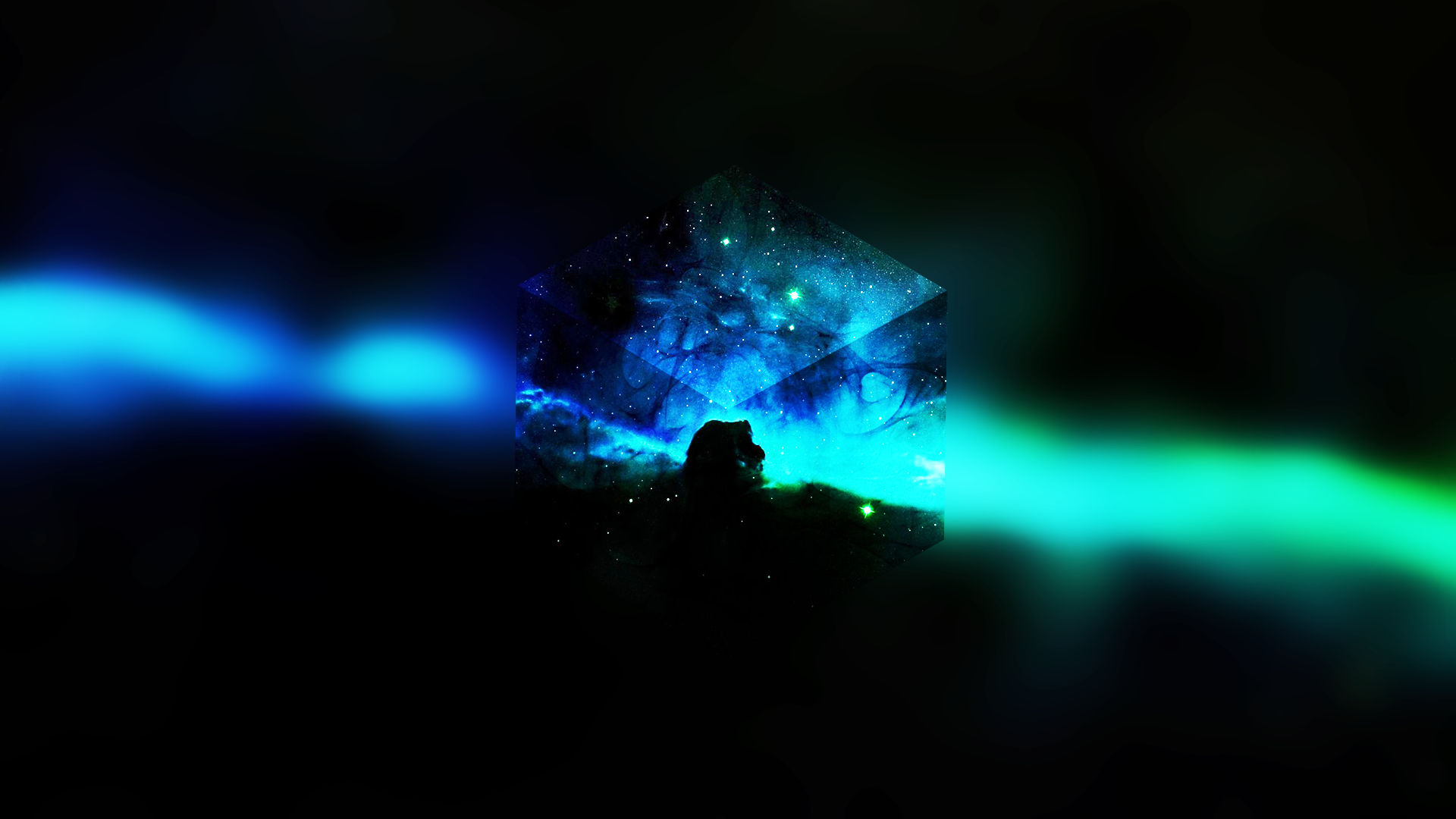 Abstract space cube with nebula and horsehead nebula silhouette HD Wallpaper