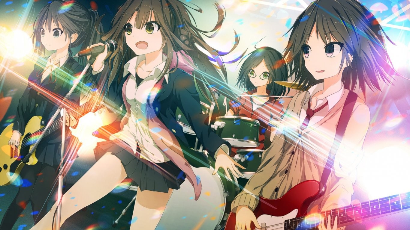 Four anime girls playing musical instruments on stage HD Wallpaper
