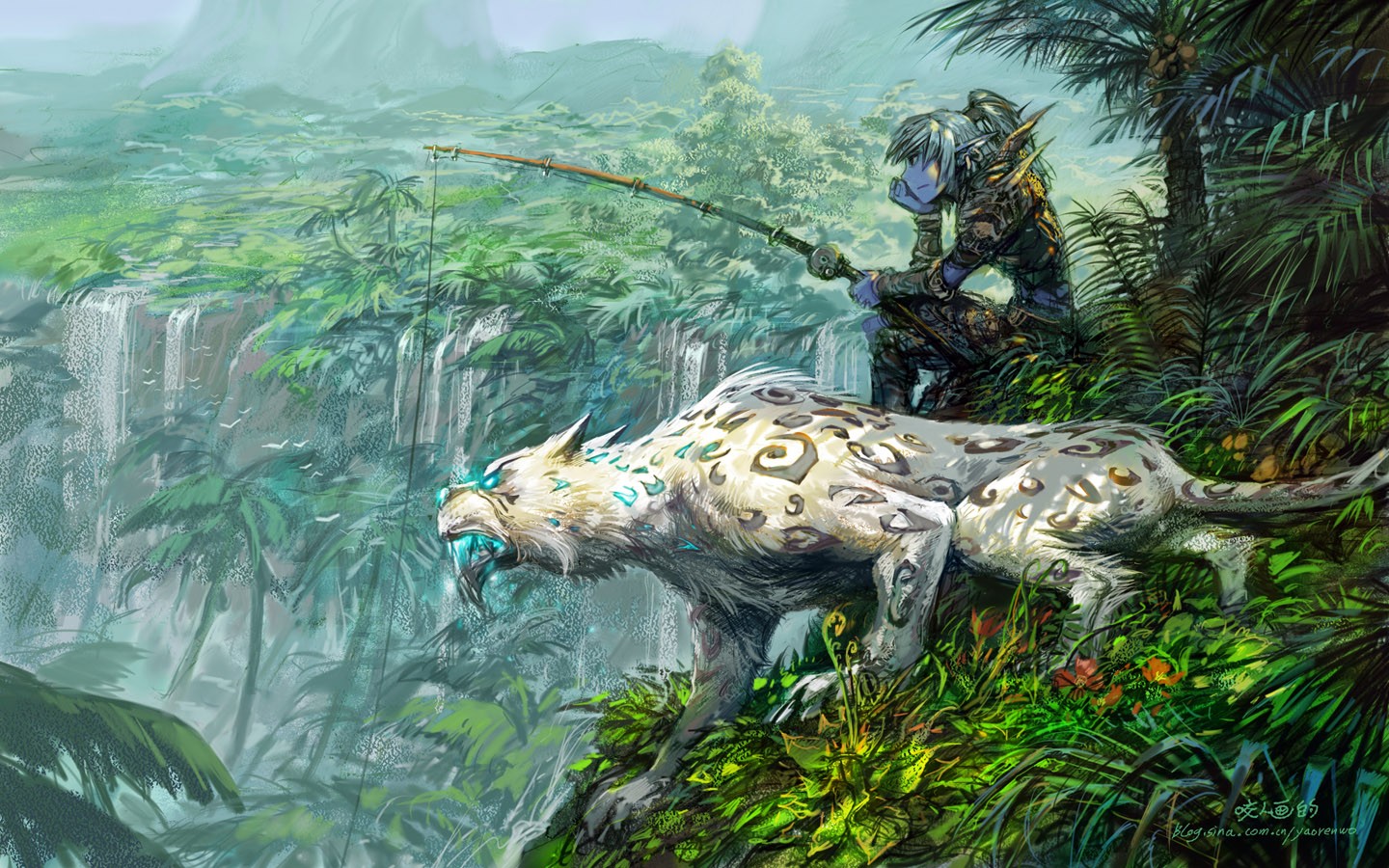 World of Warcraft Elf Fishing with Snow Leopard Companion HD Wallpaper