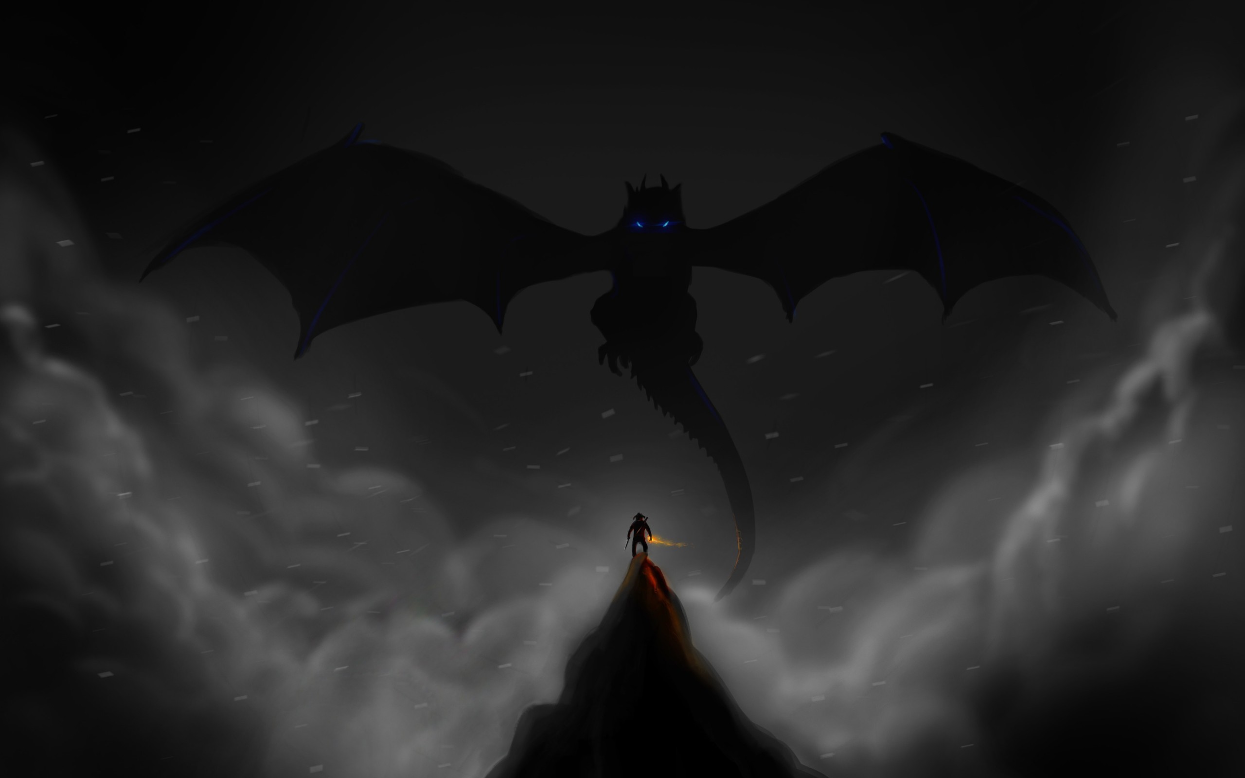 Skyrim Dragon Confronts a Warrior on a Mountain Peak HD Wallpaper