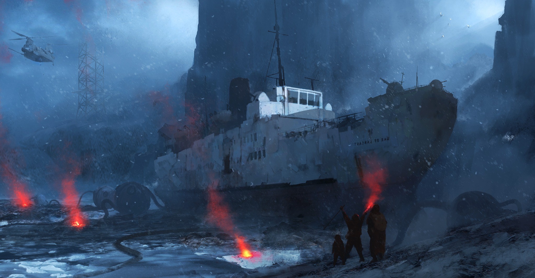 Shipwrecked in a blizzard with flares and a helicopter HD Wallpaper