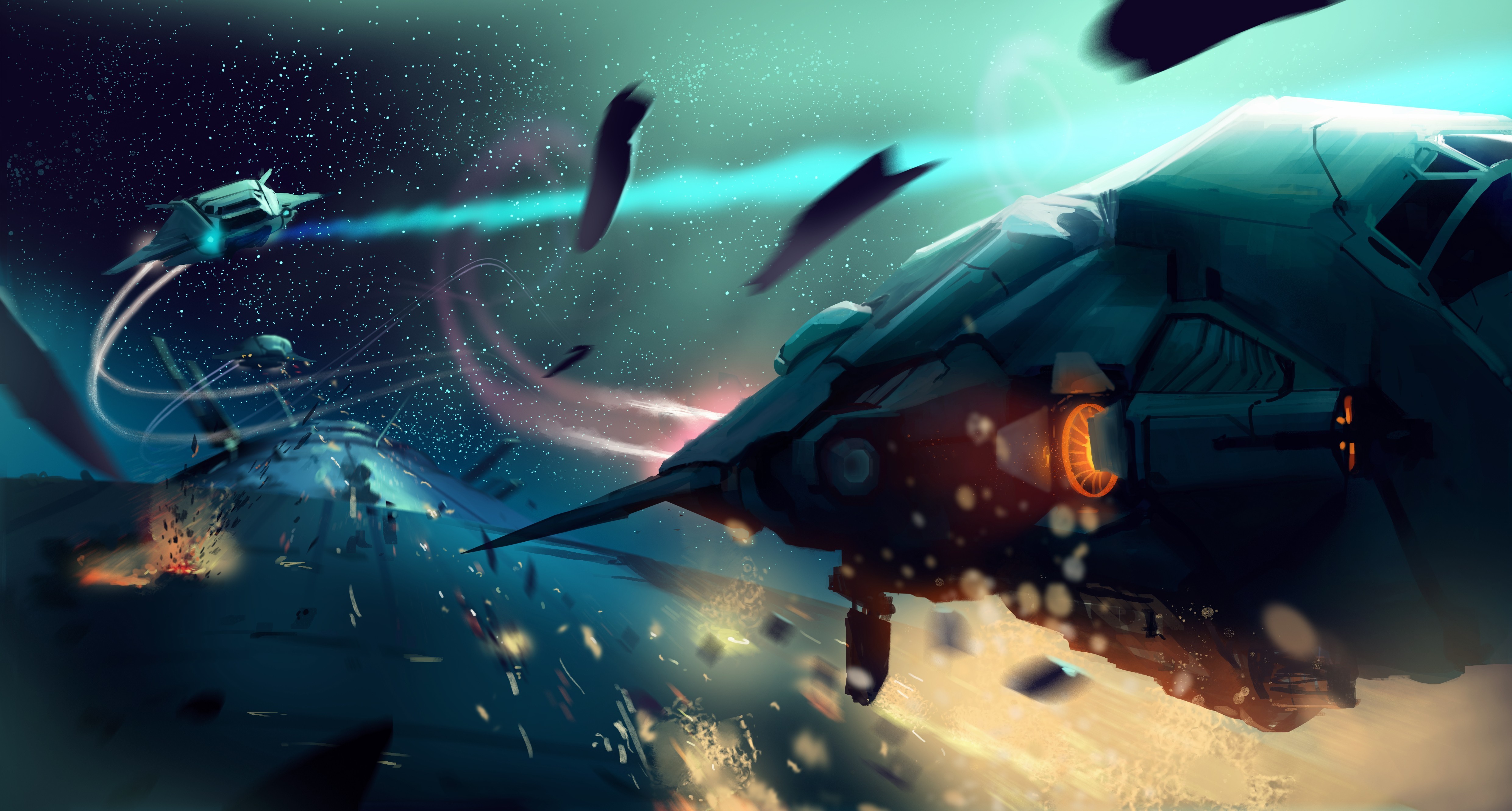 Spaceships in a space battle with explosions HD Wallpaper
