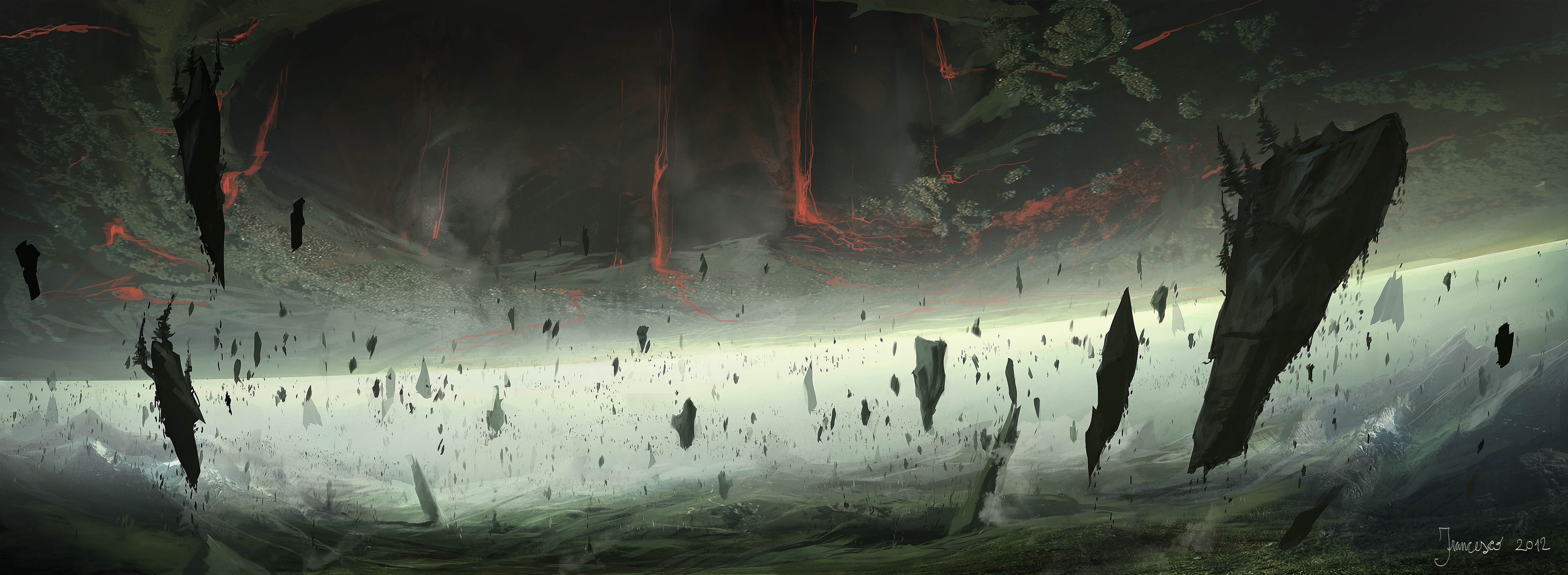 Floating islands with lava and debris in a desolate landscape HD Wallpaper