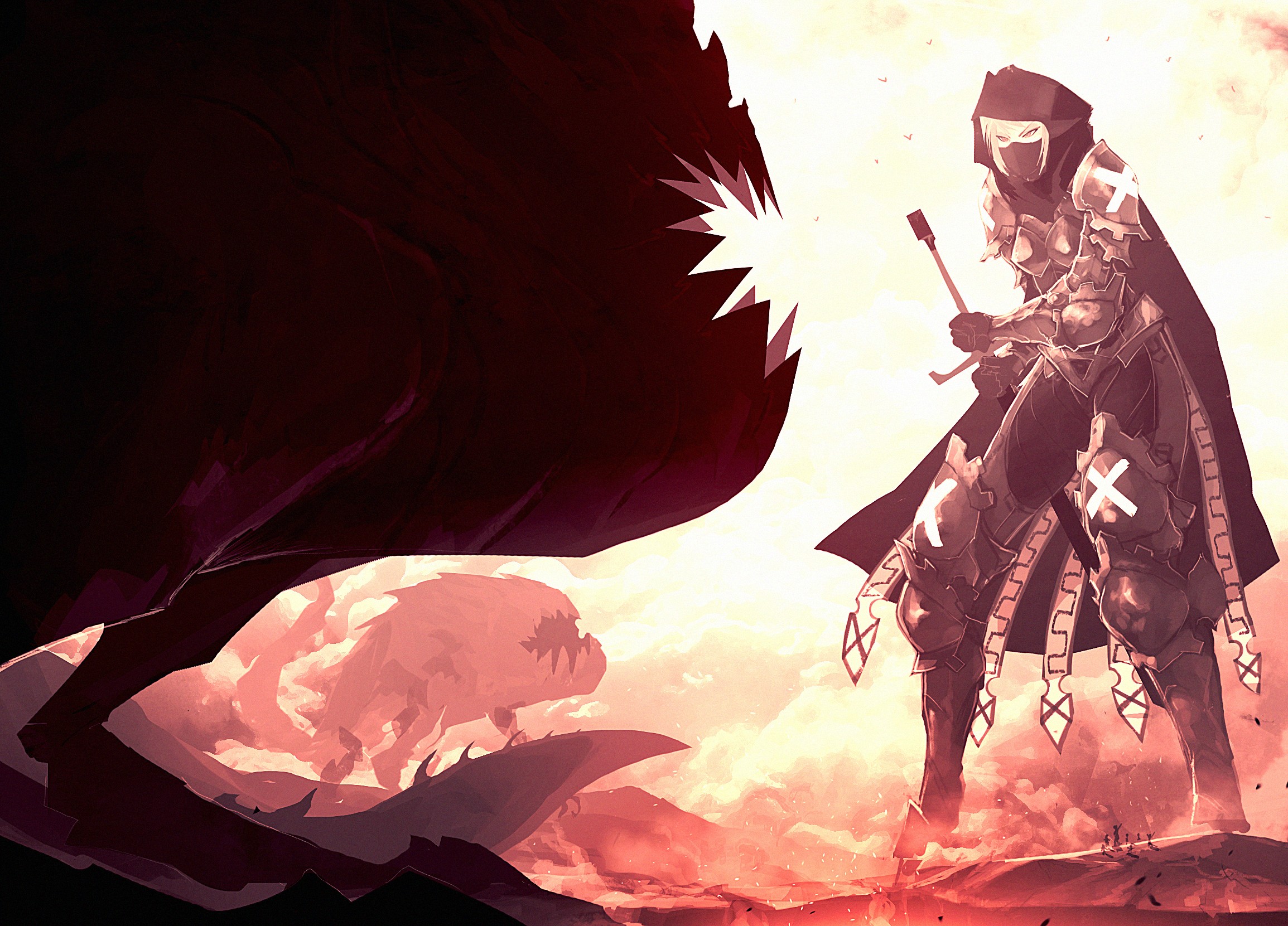A hooded warrior fights a monster HD Wallpaper
