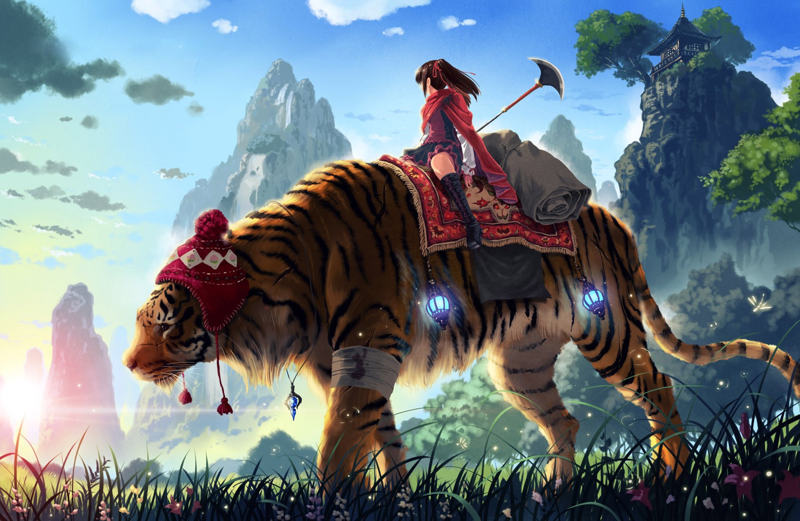Girl riding a tiger with a hat in a fantasy landscape HD Wallpaper
