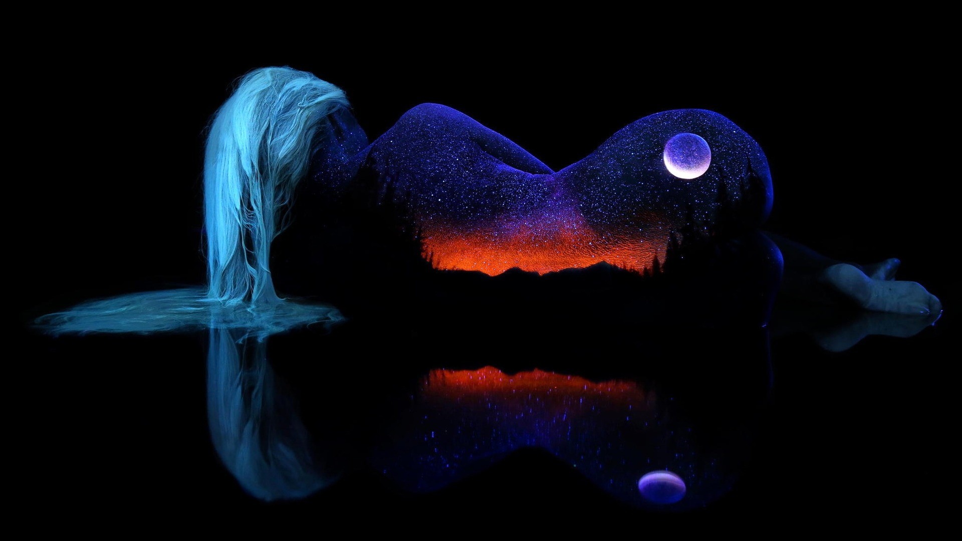 Woman painted with stars and a galaxy landscape HD Wallpaper
