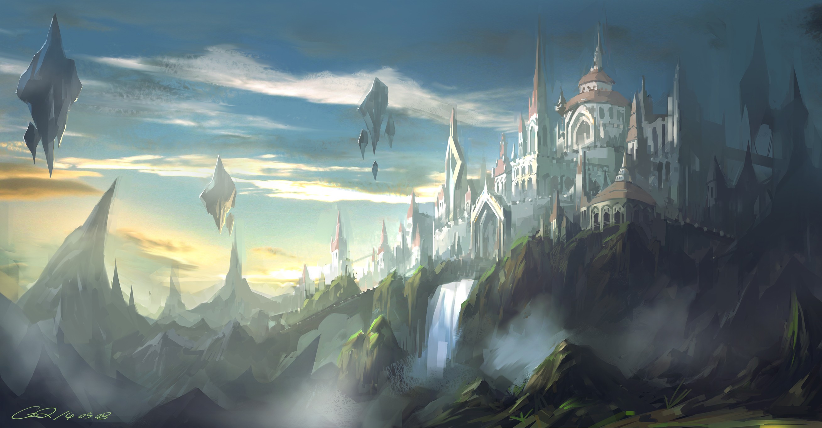 Fantasy castle on a cliff with floating islands HD Wallpaper