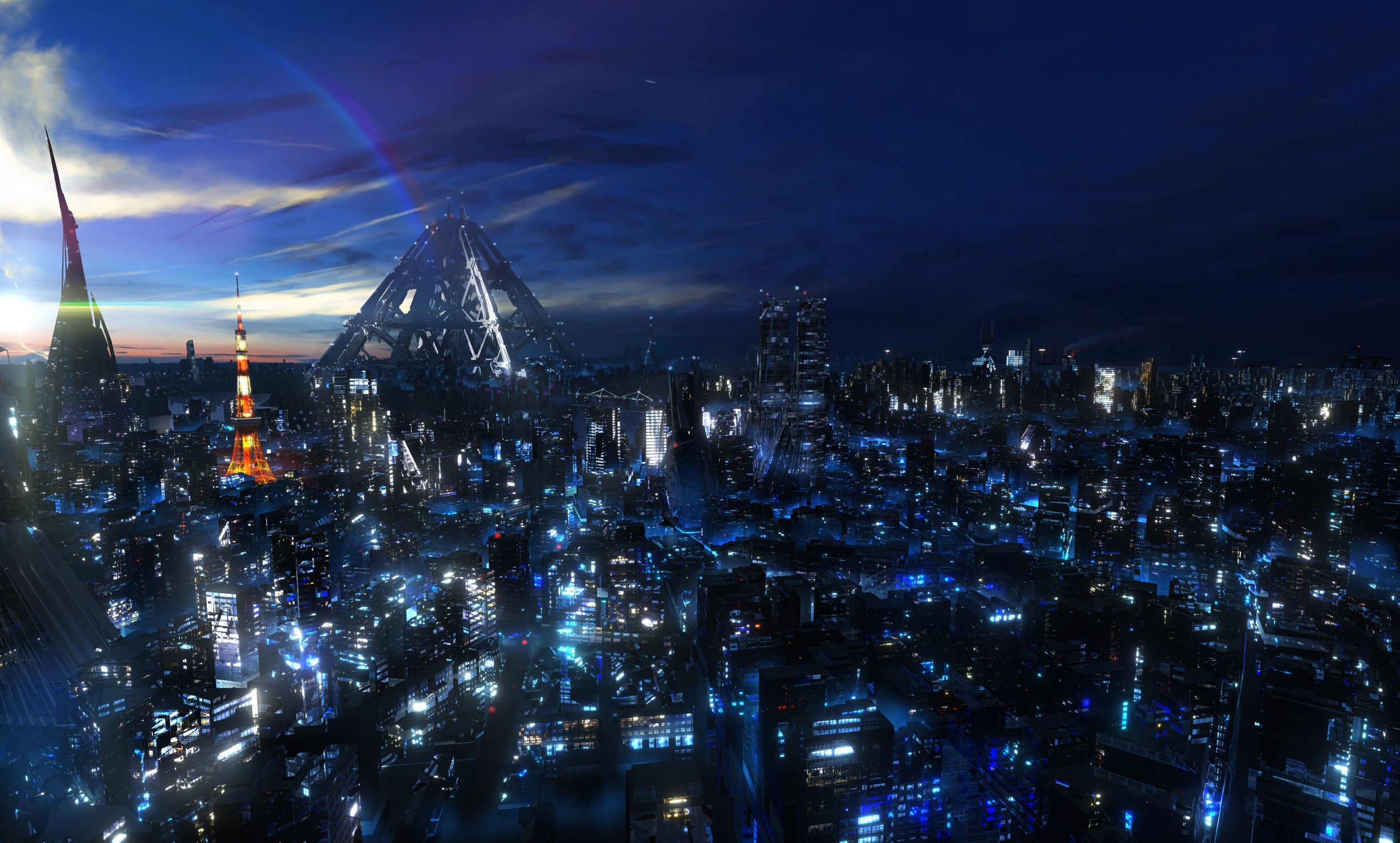 Futuristic Tokyo cityscape at night with rainbow HD Wallpaper