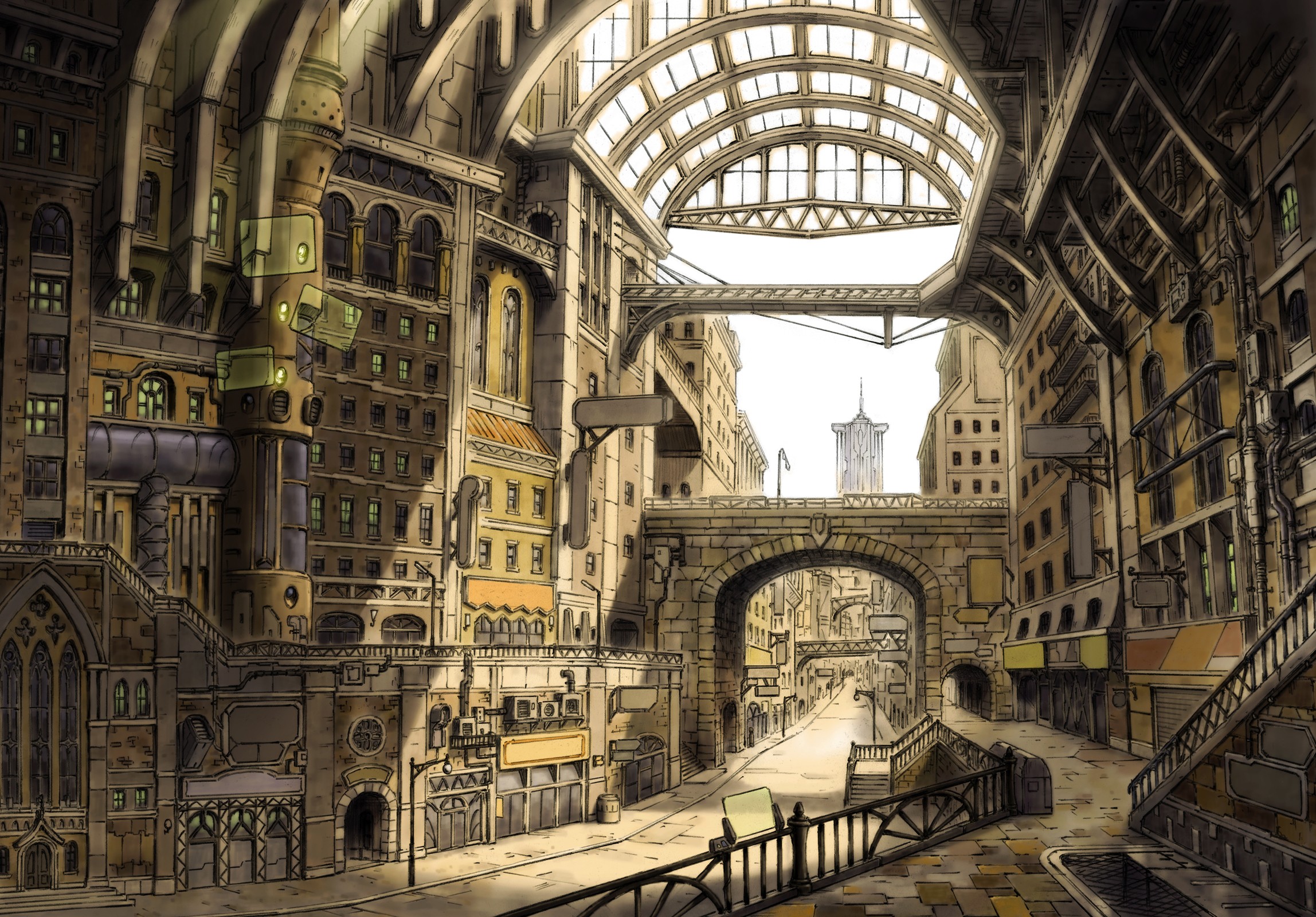 Steampunk city with arched bridges and tall buildings HD Wallpaper