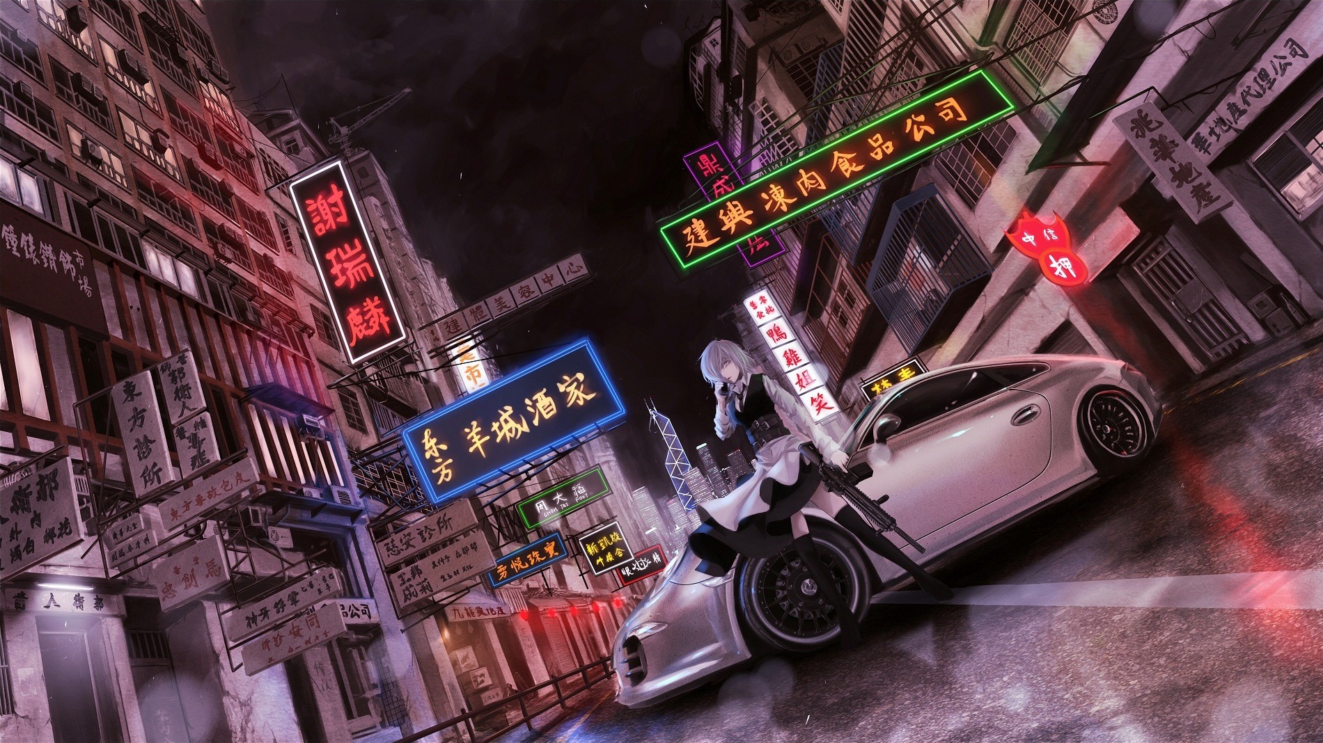 Anime girl with gun and car in Hong Kong street HD Wallpaper