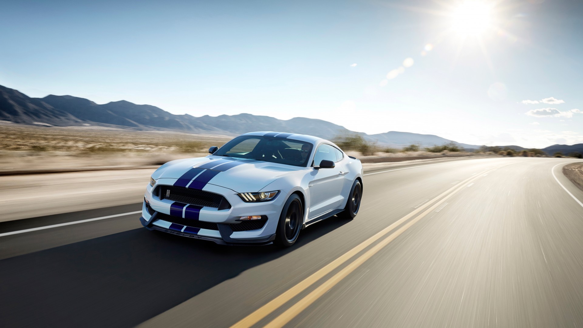 White Ford Mustang Shelby GT350 on a Desert Road HD Wallpaper