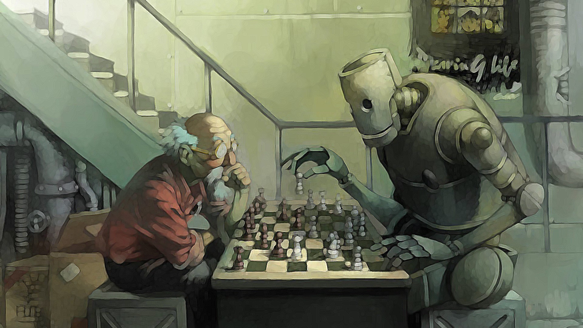 Robot and old man playing chess HD Wallpaper