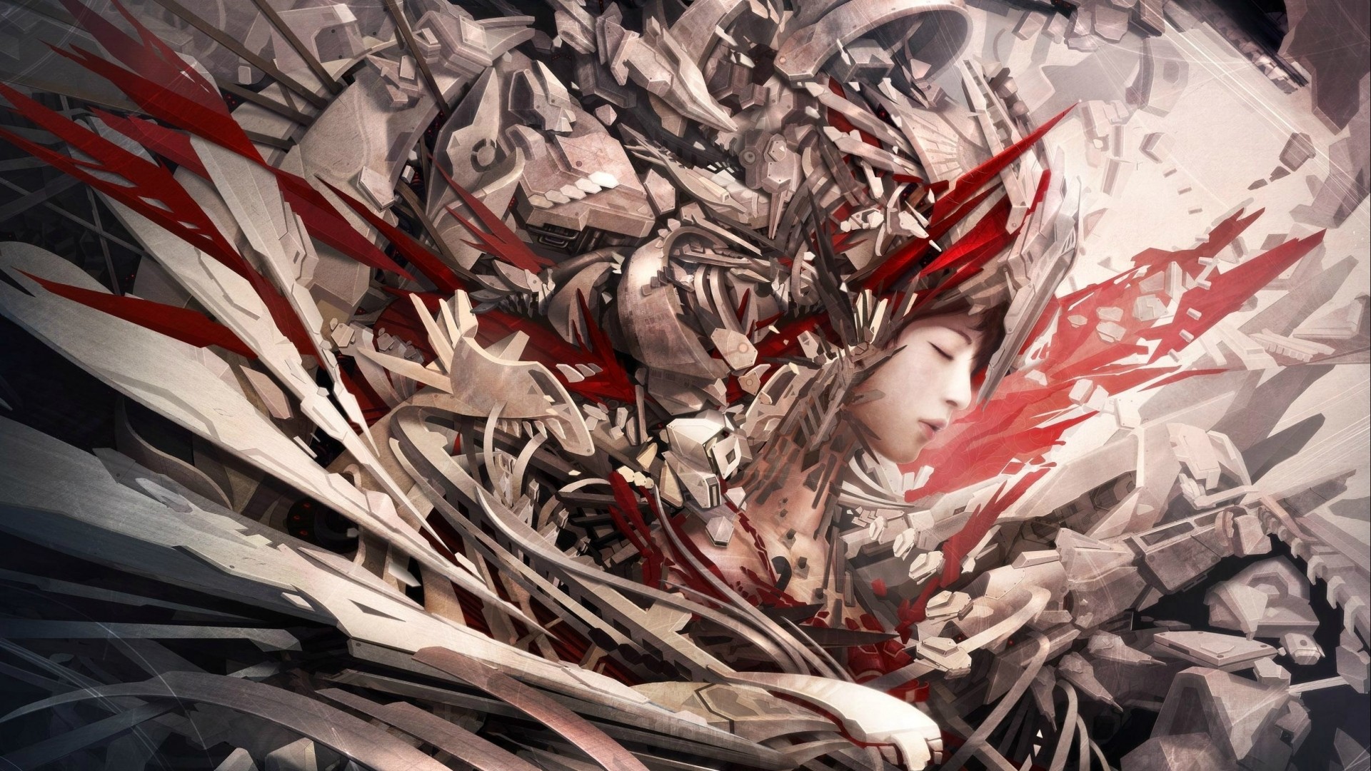 Abstract mechanical and organic forms with red accents HD Wallpaper