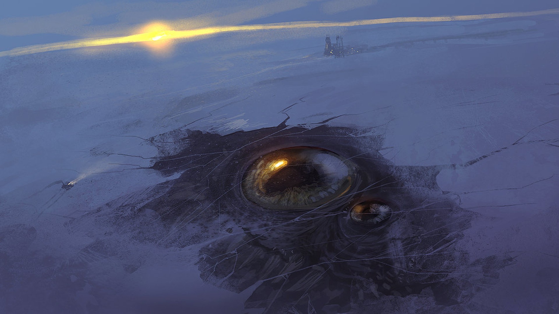 Giant eye emerging from cracked ice under a dim sun HD Wallpaper