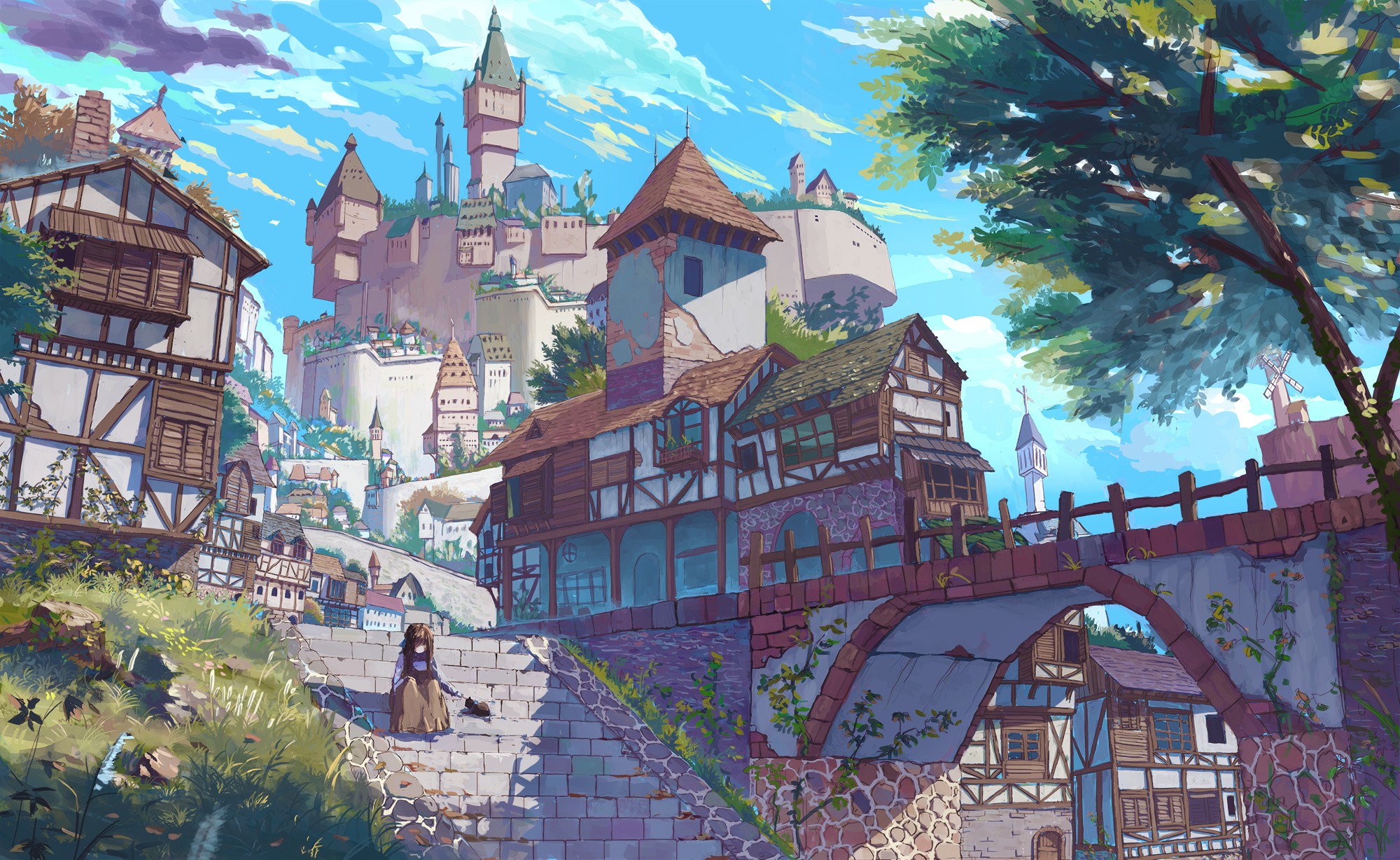 A girl and a cat walk up stairs in a medieval village below a castle HD Wallpaper
