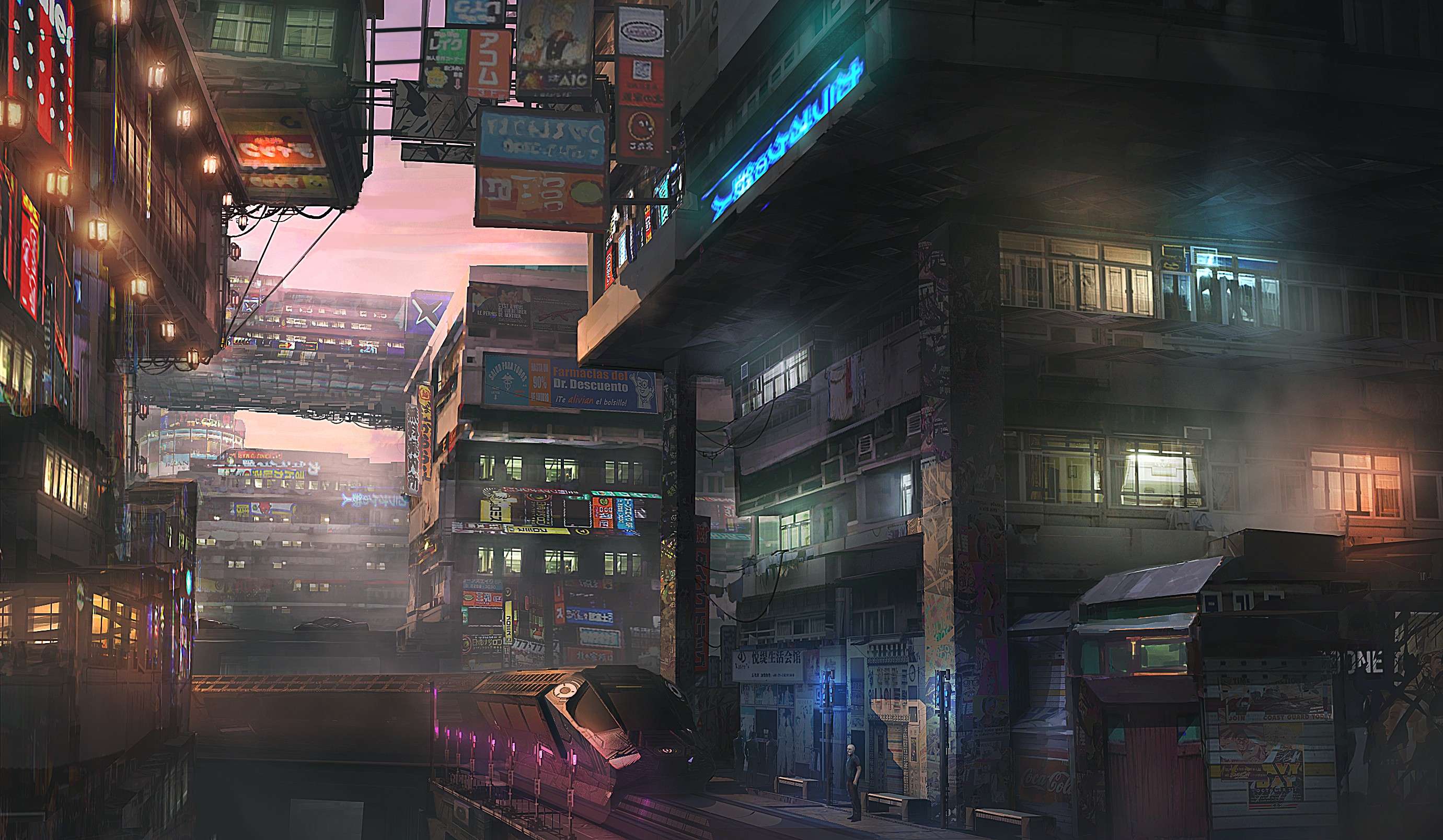 Futuristic cityscape with a train HD Wallpaper