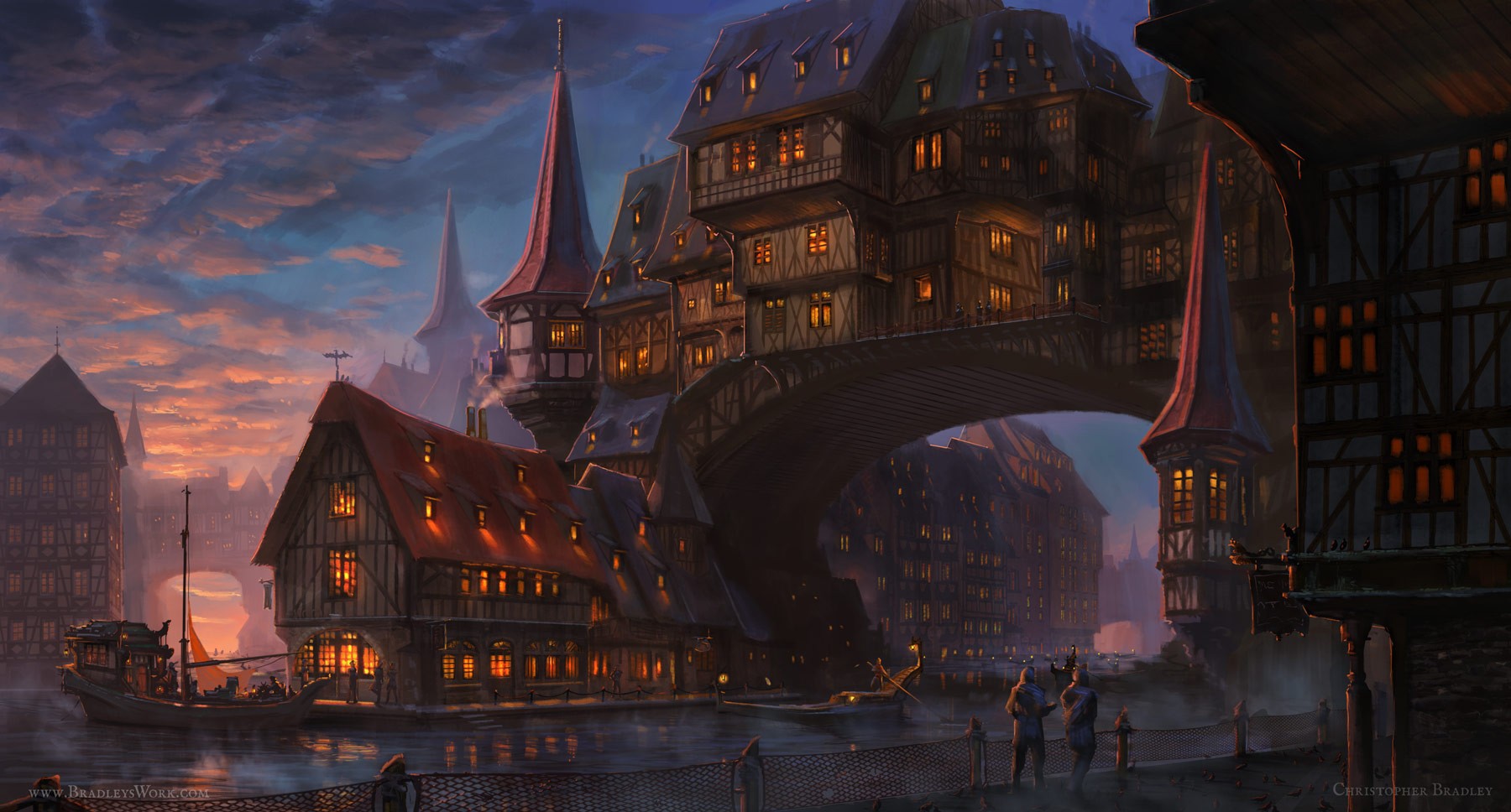 Fantasy village with a river at dusk HD Wallpaper