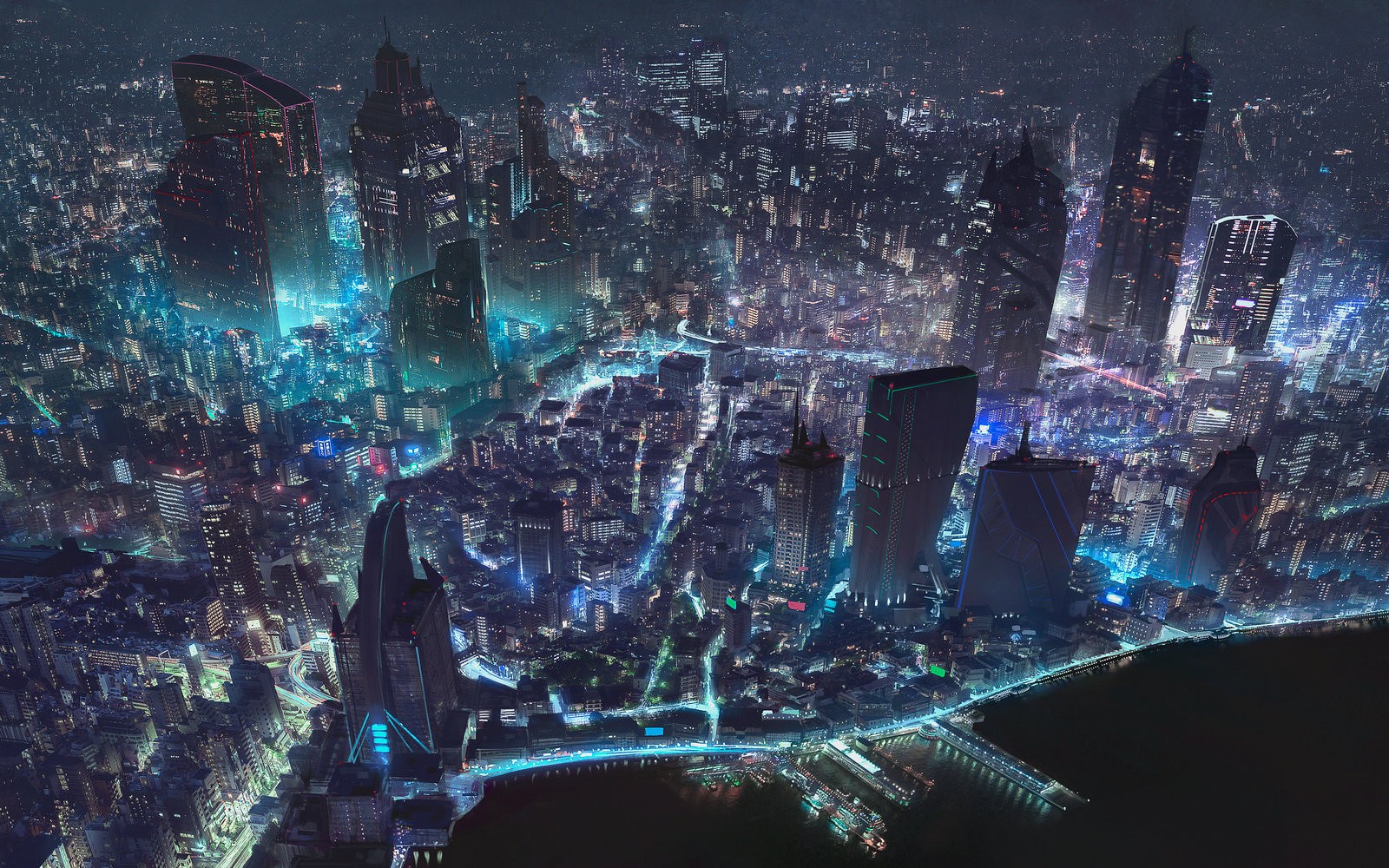 Futuristic cityscape at night with glowing lights HD Wallpaper
