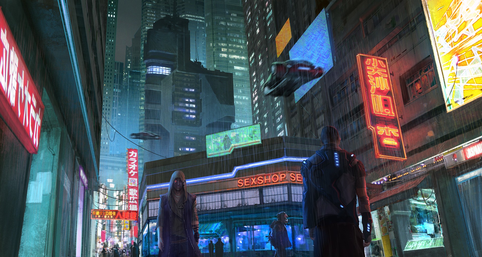 Cyberpunk city street with neon signs and flying vehicles HD Wallpaper