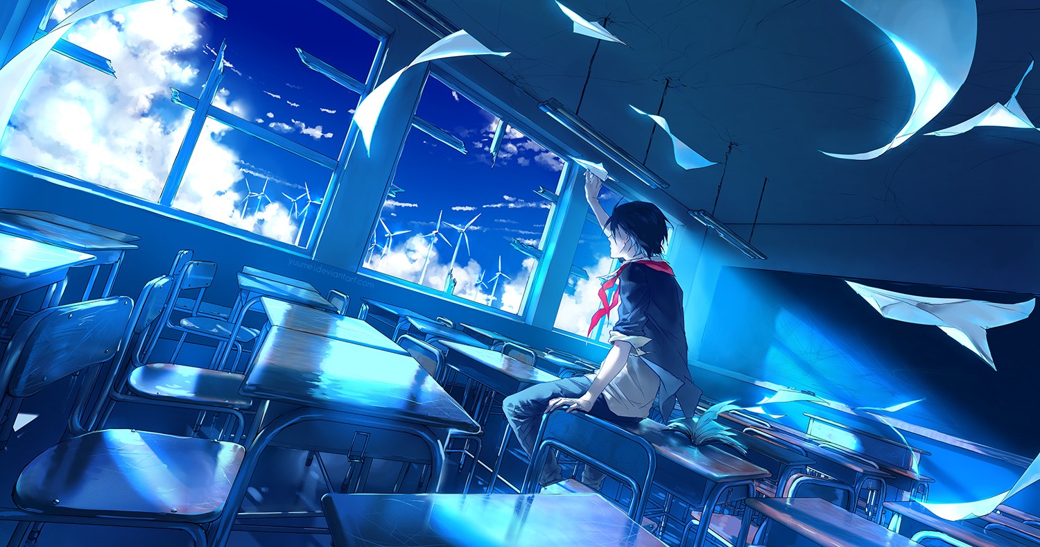 Sen (Knite) throws paper airplanes in a classroom HD Wallpaper