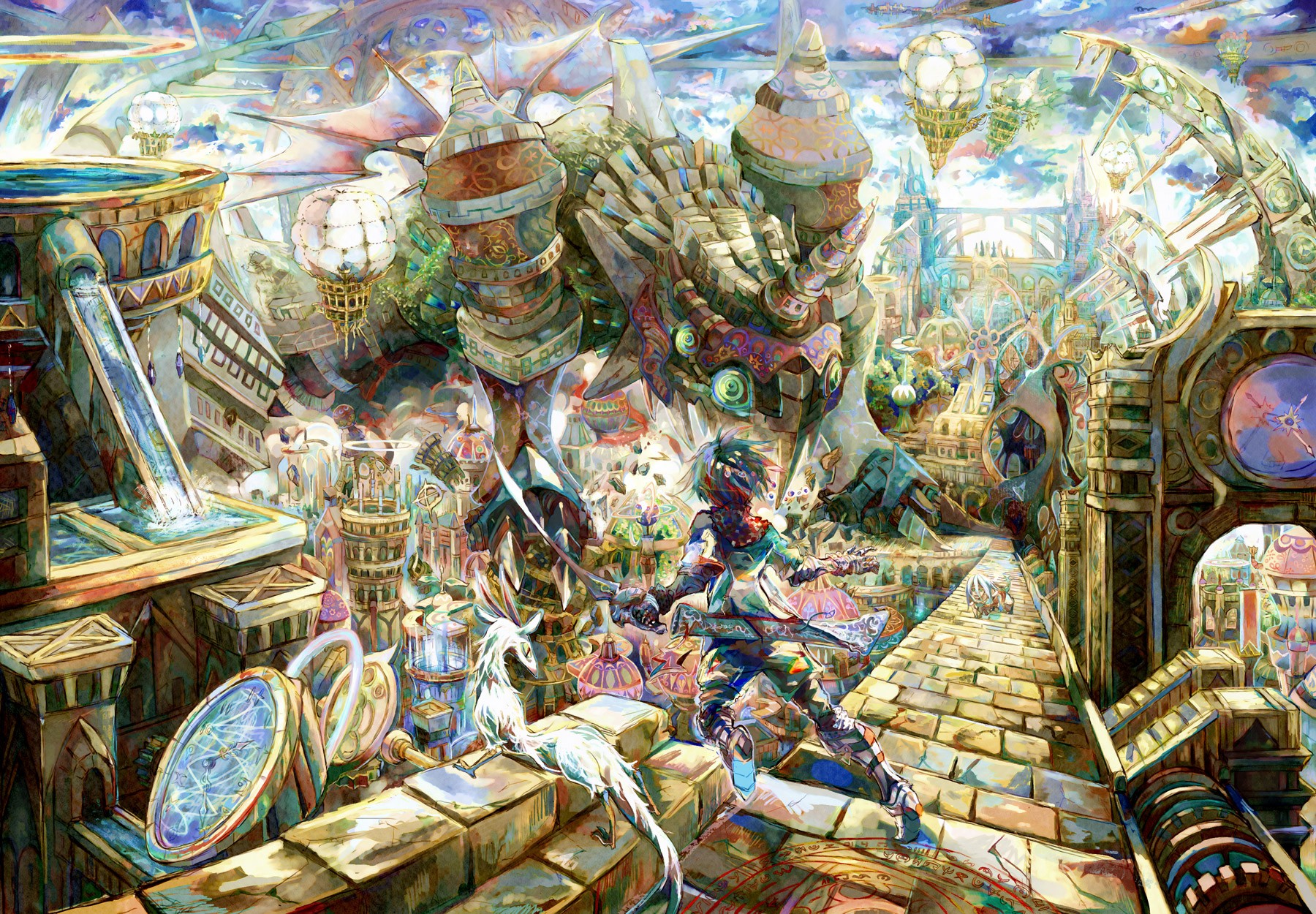 Fantasy art of a dragon and warrior in a city HD Wallpaper