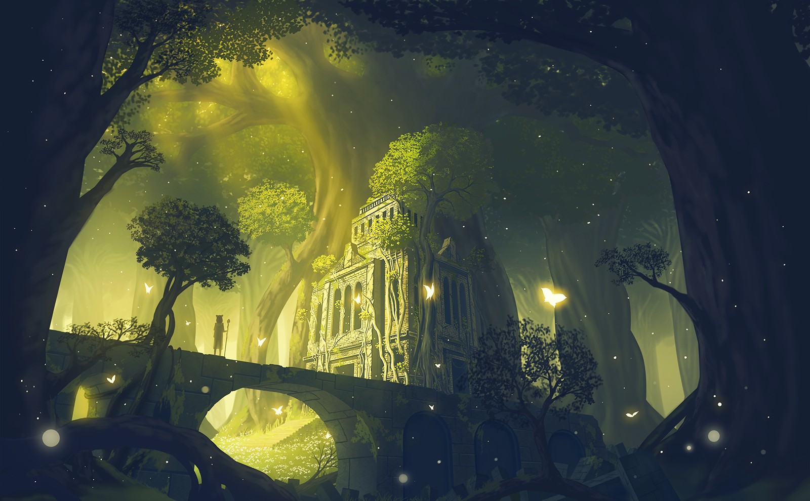 Fantasy art of a mystical forest with ancient ruins HD Wallpaper