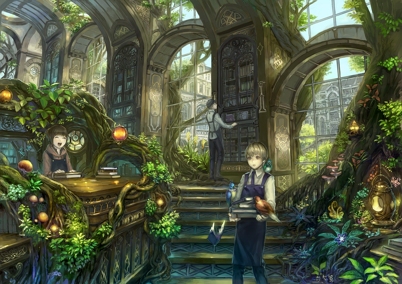 Magical library with trees and people HD Wallpaper