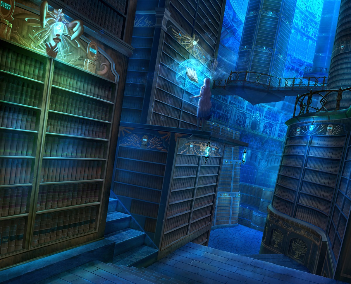 Fantasy library with tall bookshelves and a person HD Wallpaper